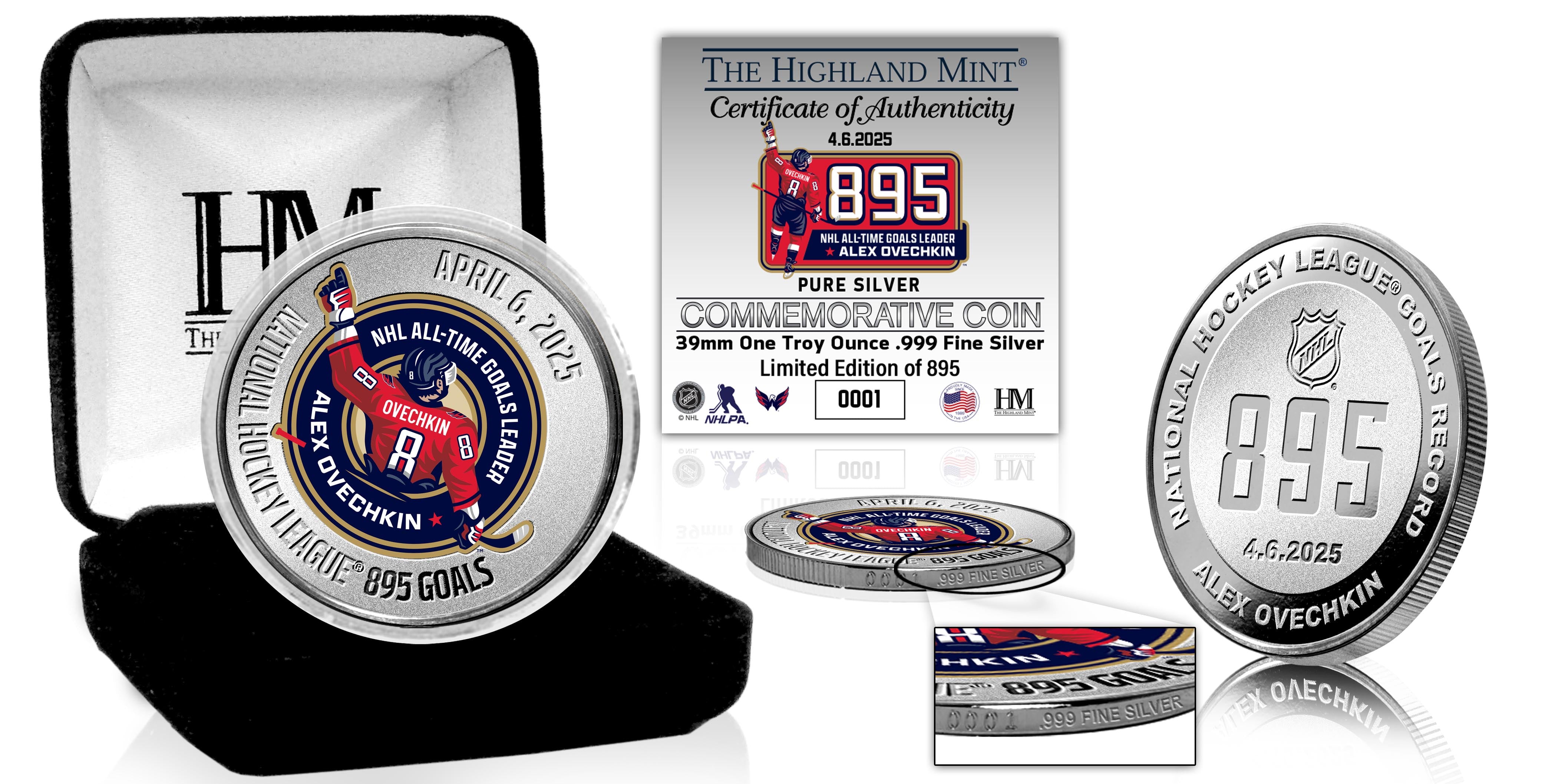 Alex Ovechkin NHL 895 Goals Record 1oz .999 Silver Coin