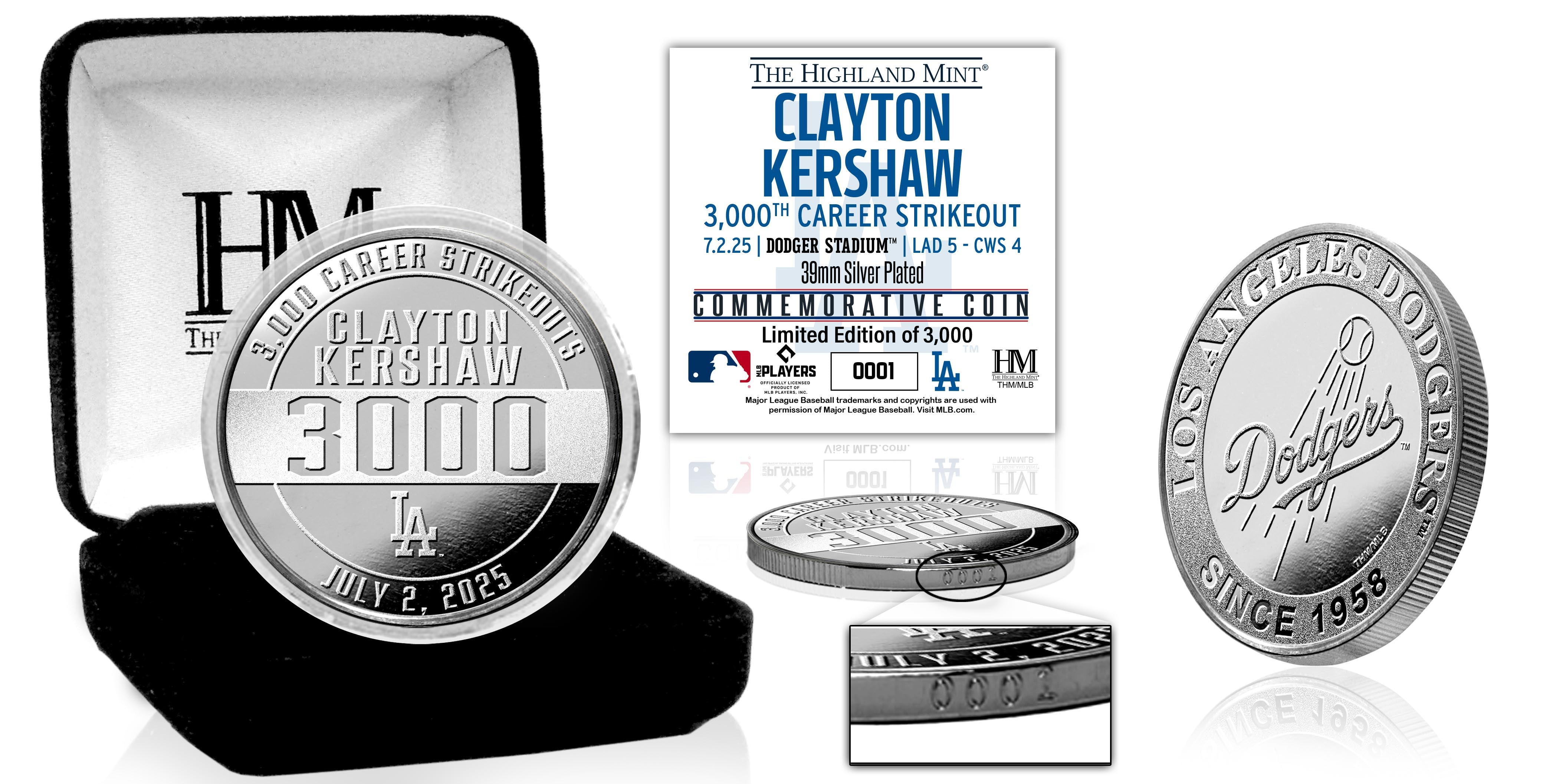 Clayton Kershaw 3000th Career Strikeout Silver Plated Coin