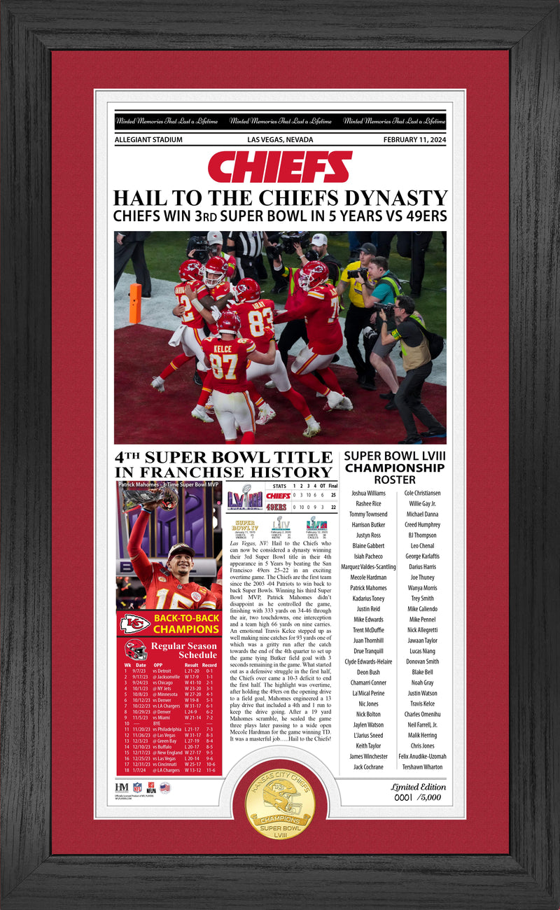 Kansas City Chiefs Super Bowl LVIII Champions Front Page Cover Bronze Coin Photo Mint - Framed