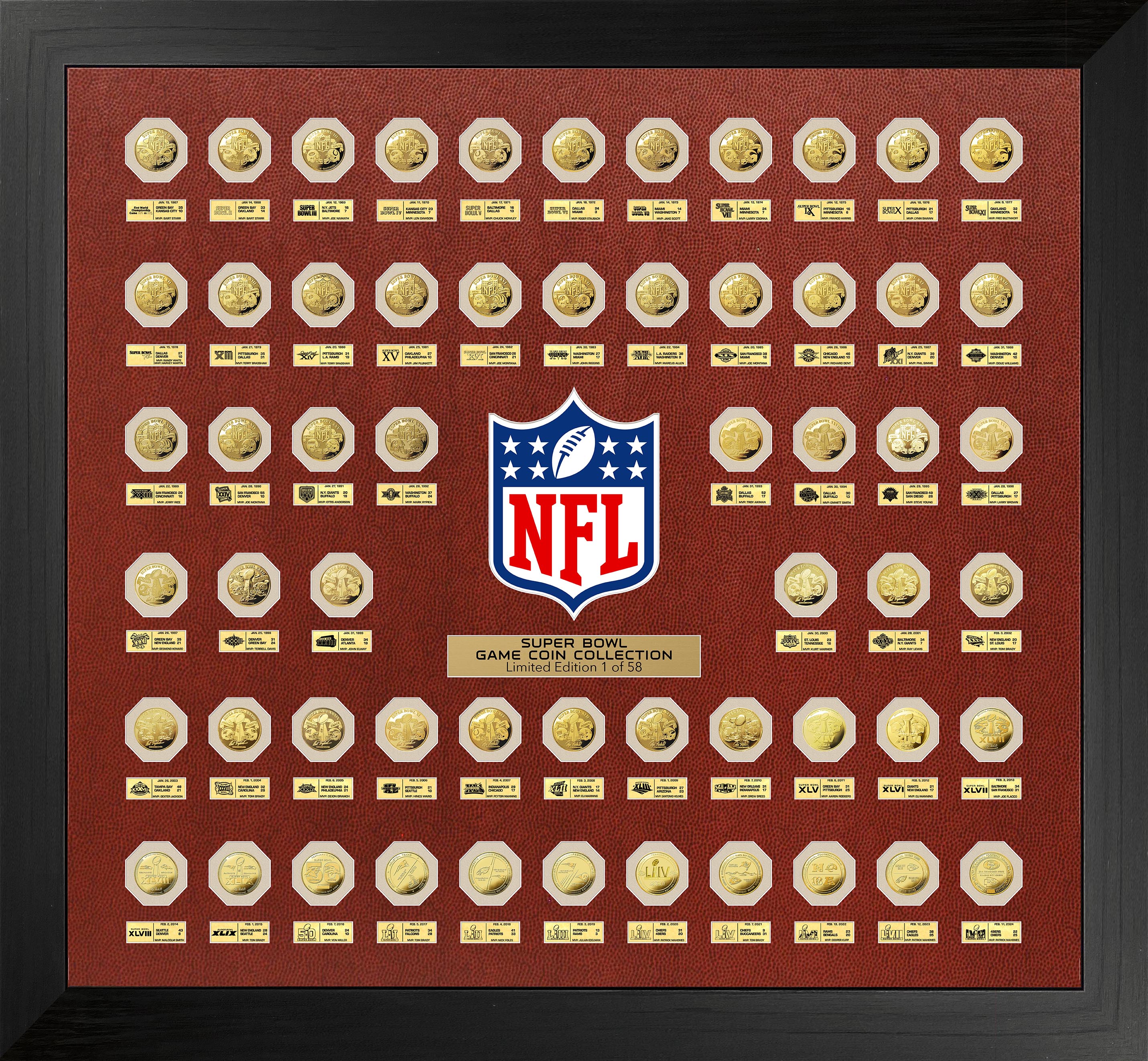 NFL 58 Super Bowl Flip Coin Collection Framed