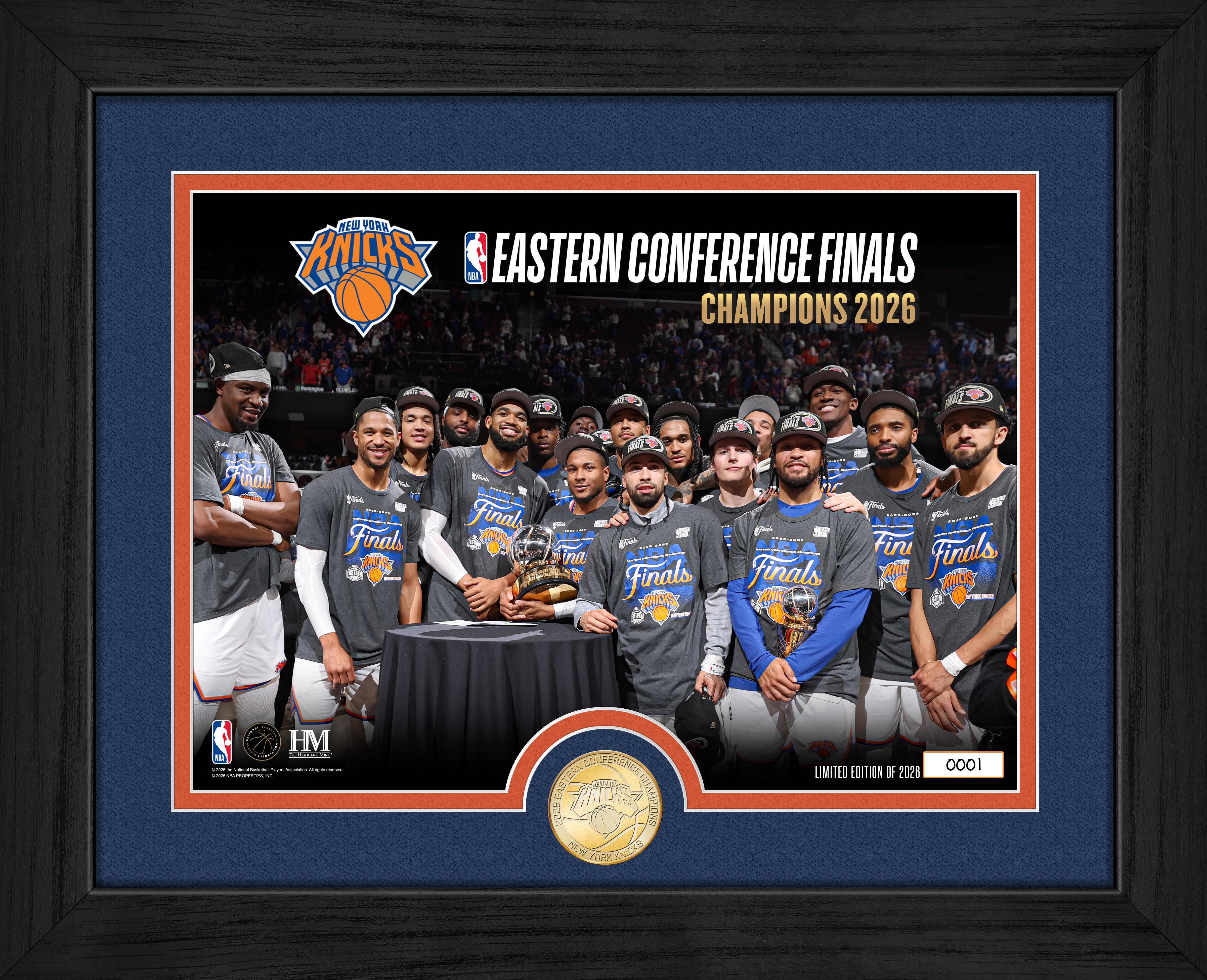 Framed photo of a basketball team celebrating Eastern Conference Finals Champions 2026 with a gold coin at the bottom.