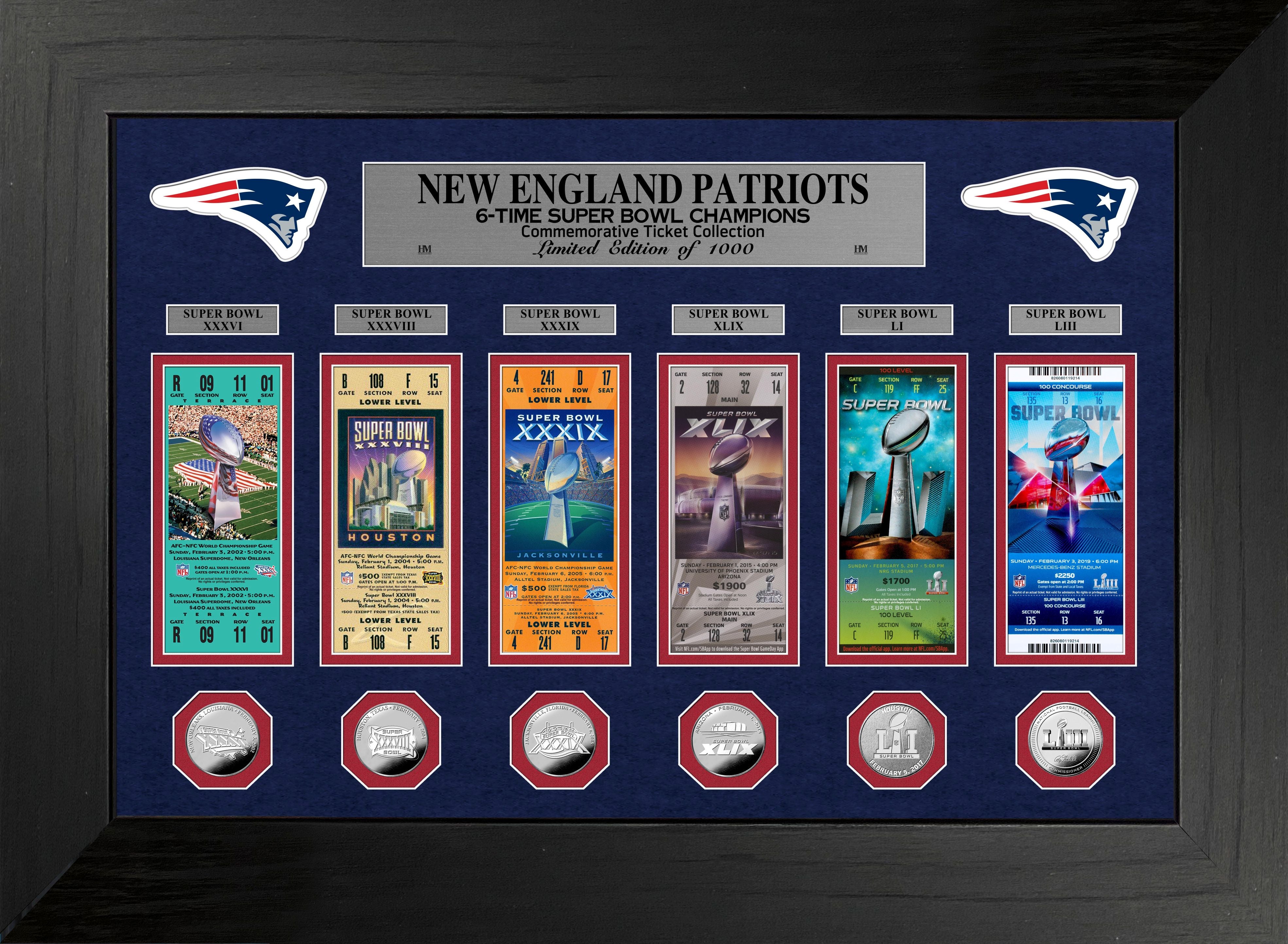 New England Patriots 6-Time Super Bowl Champions Deluxe Ticket & Silver Game Coin Collection