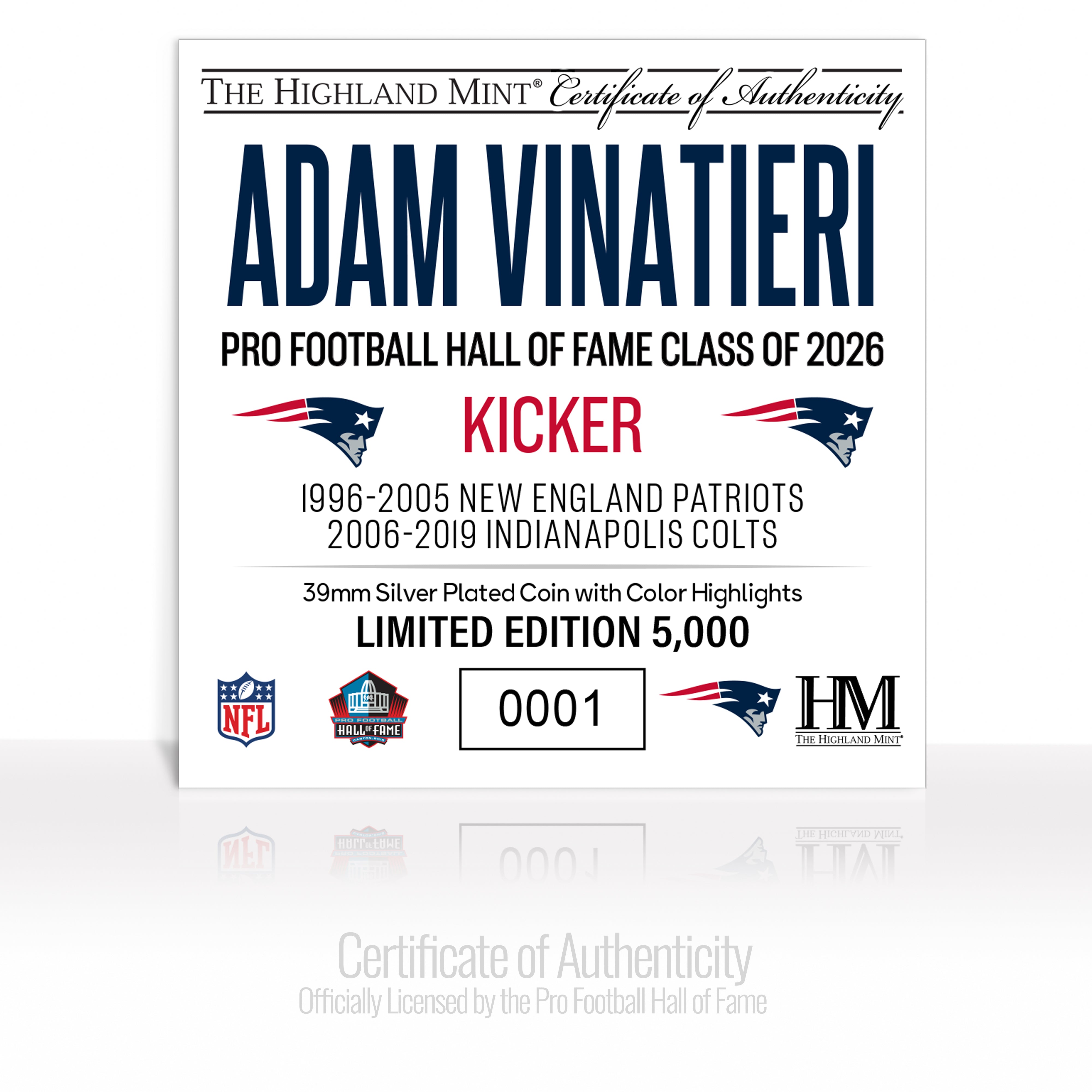 Adam Vinatieri Patriots 2026 NFL Hall of Fame Induction Silver Plated Coin