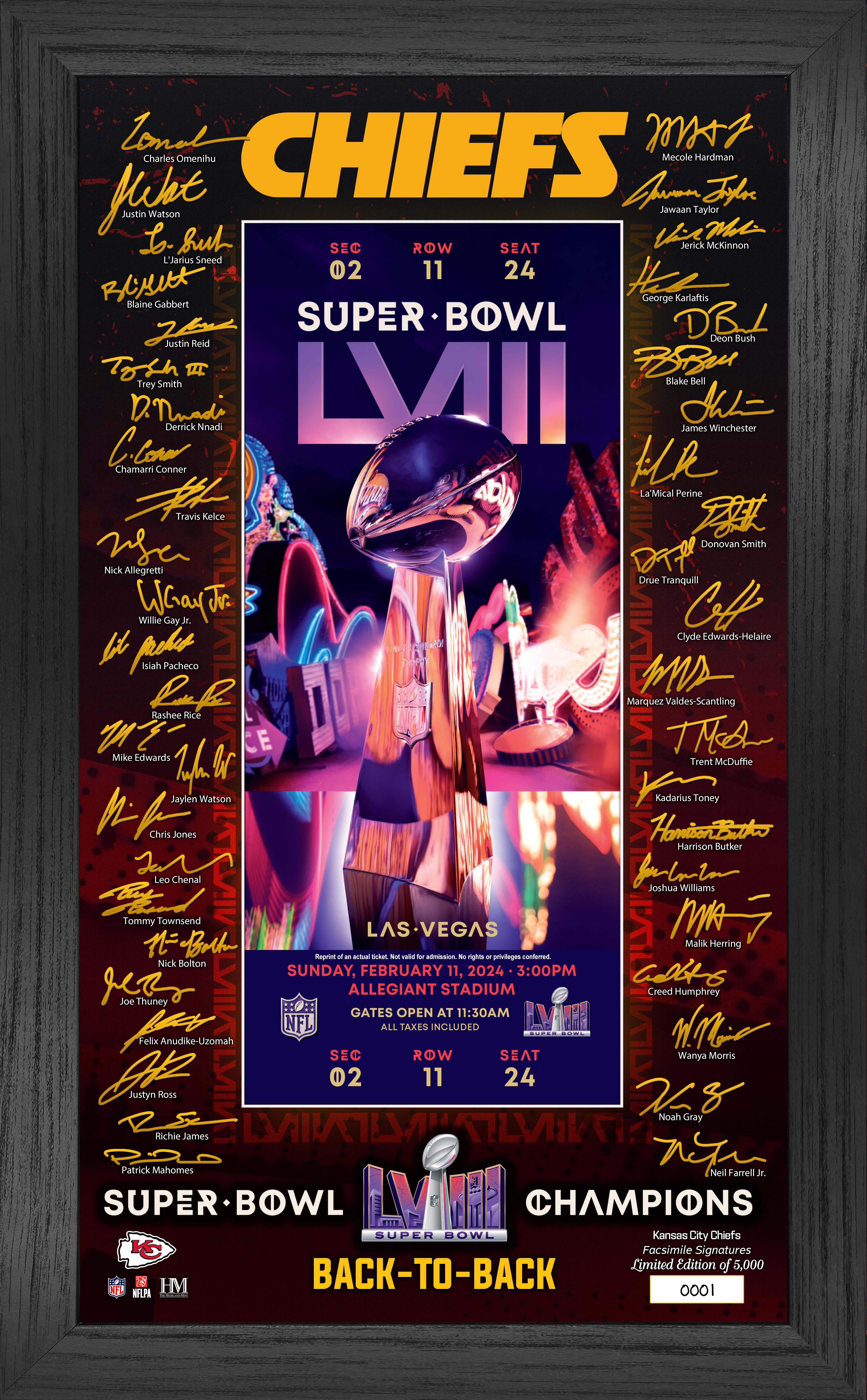 Kansas City Chiefs Super Bowl LVIII Champions Ticket Signature Frame