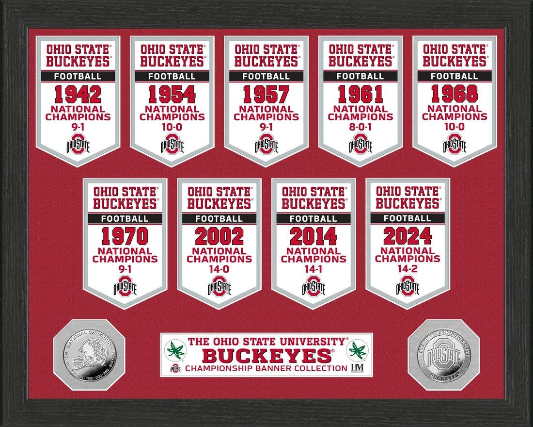 Ohio State Buckeyes 9 Time National Champions Banners Silver Coin Photo Mint - Framed