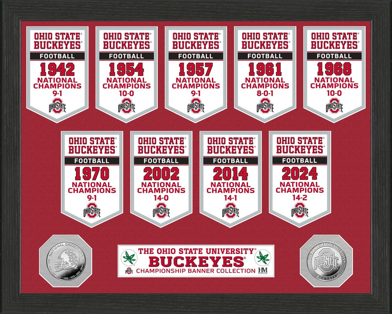 Ohio State Buckeyes 9 Time National Champions Banners Silver Coin Photo Mint - Framed
