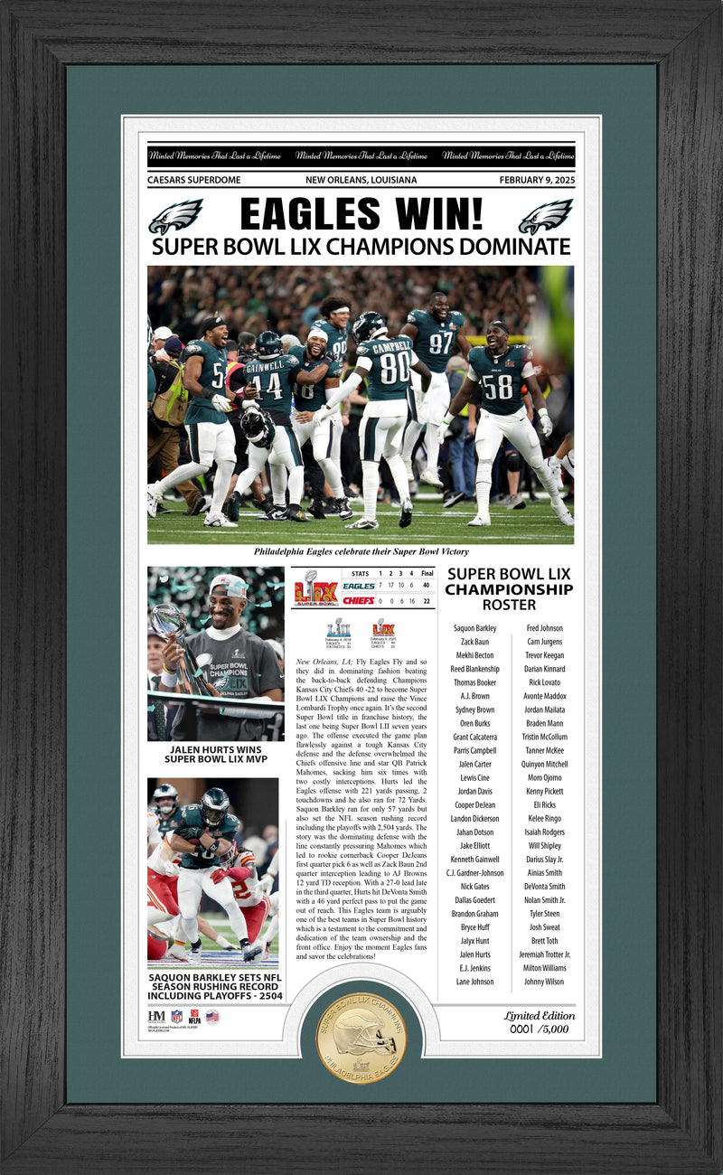 Philadelphia Eagles Super Bowl LIX Champions Front Page Cover Bronze Coin Photo Mint - Framed