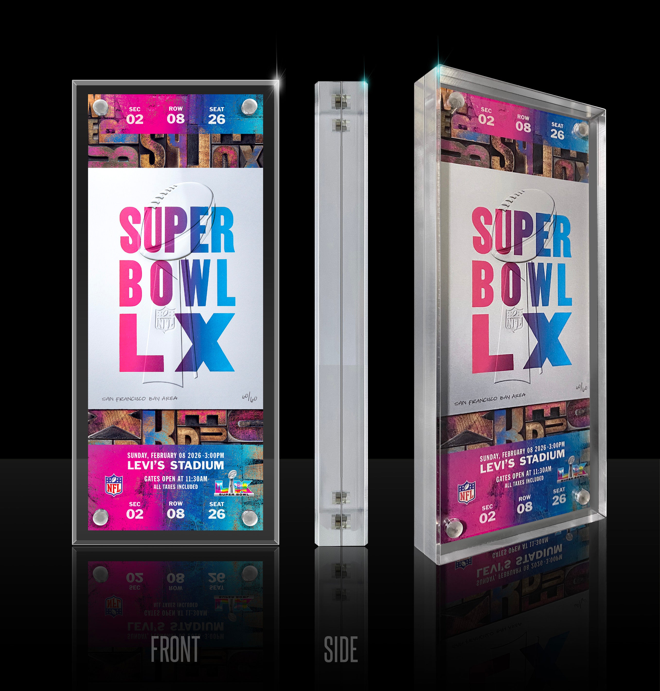 Super Bowl LX ACRYLIC DESKTOP DISPLAY featuring official replica game ticket with colorful design on a black background
