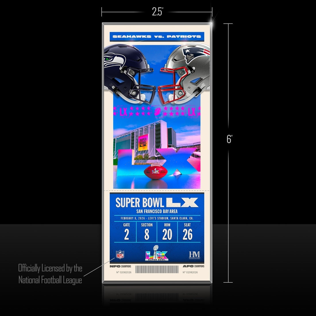 New England Patriots vs. Seattle Seahawks Super Bowl LX Ticket Acrylic 3D Block