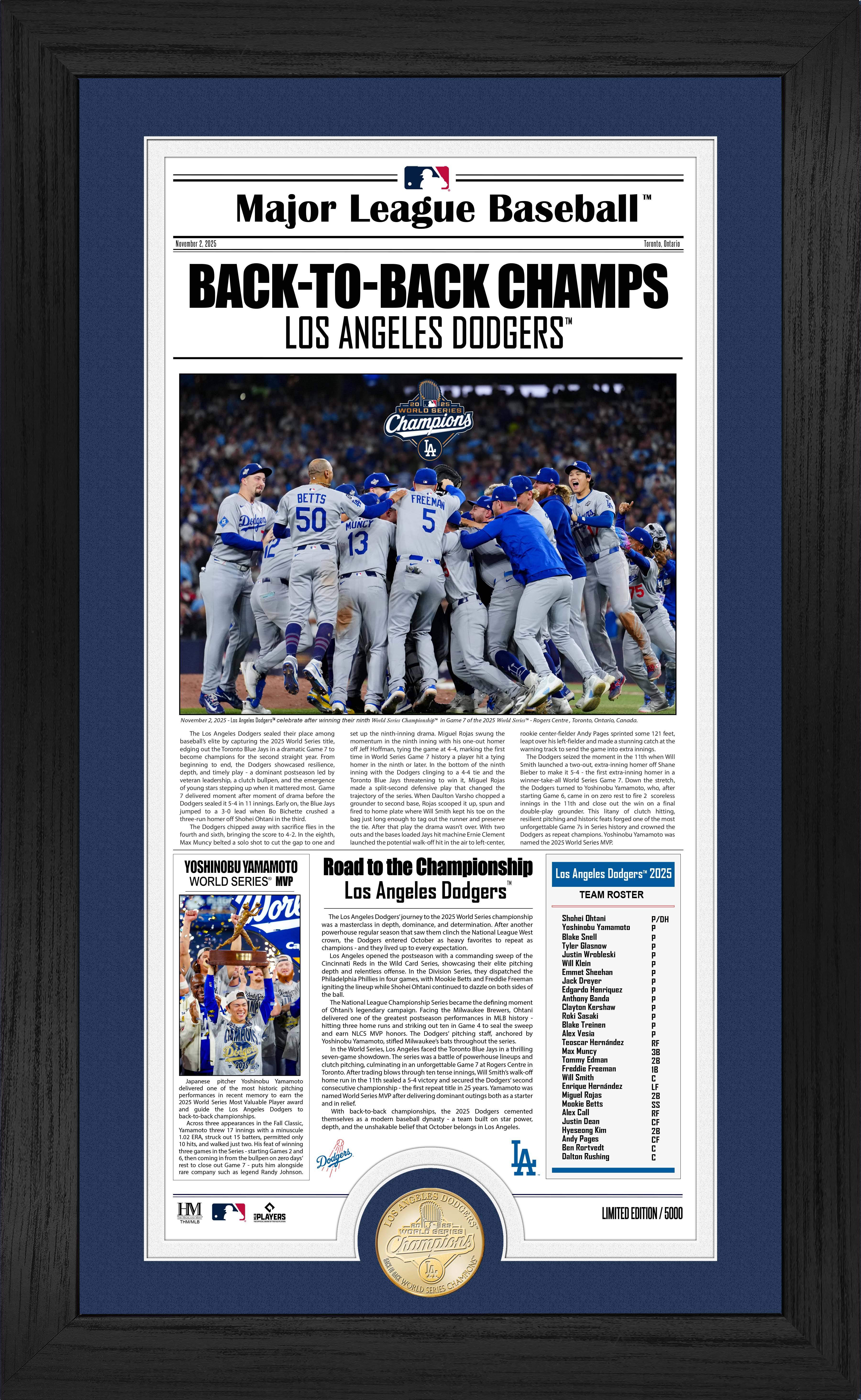 Los Angeles Dodgers 2025 World Series Champions Front Page News Cover Bronze Coin Photo Mint
