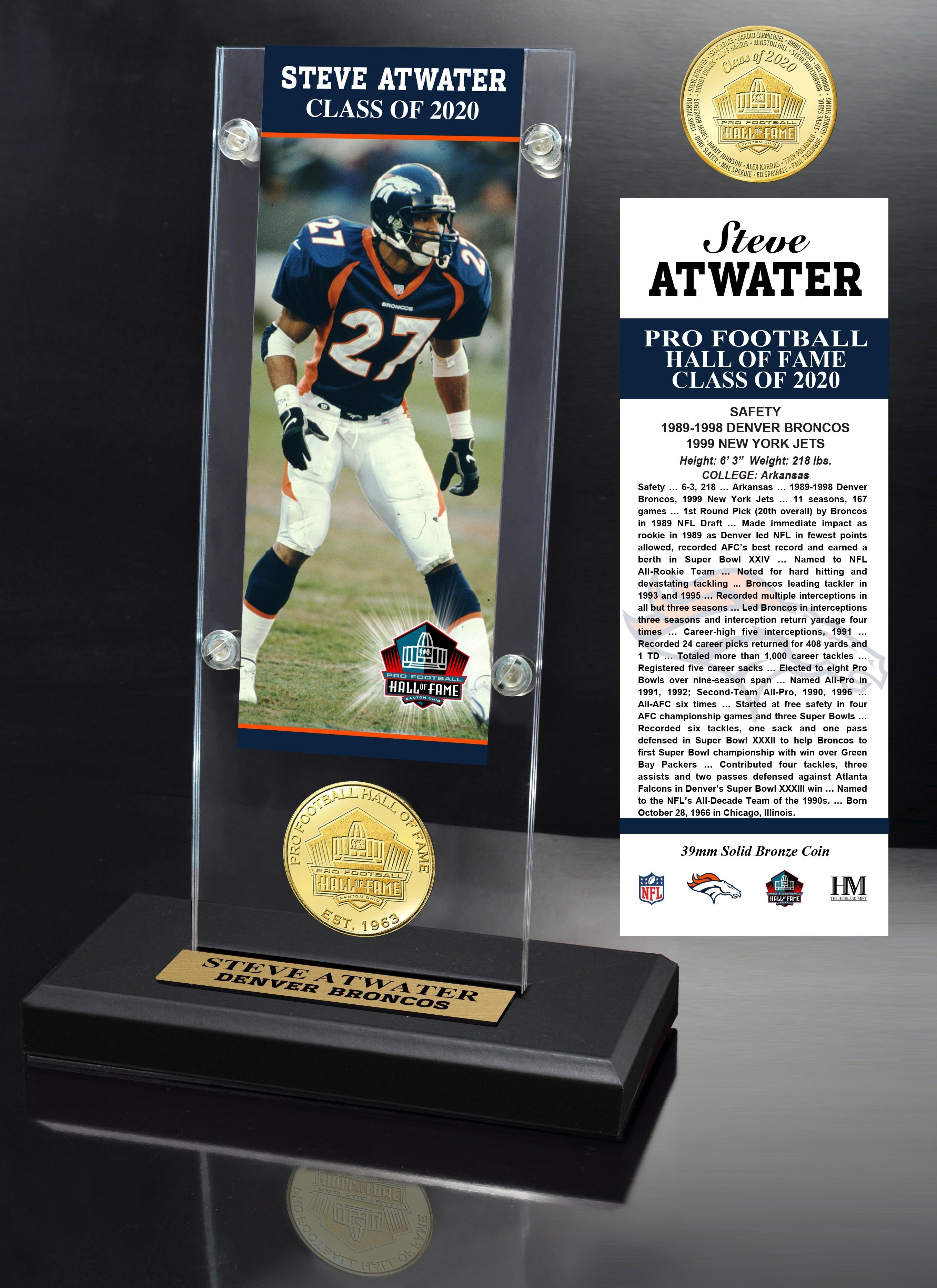 Steve Atwater 2020 HOF Bronze Coin Ticket Acrylic