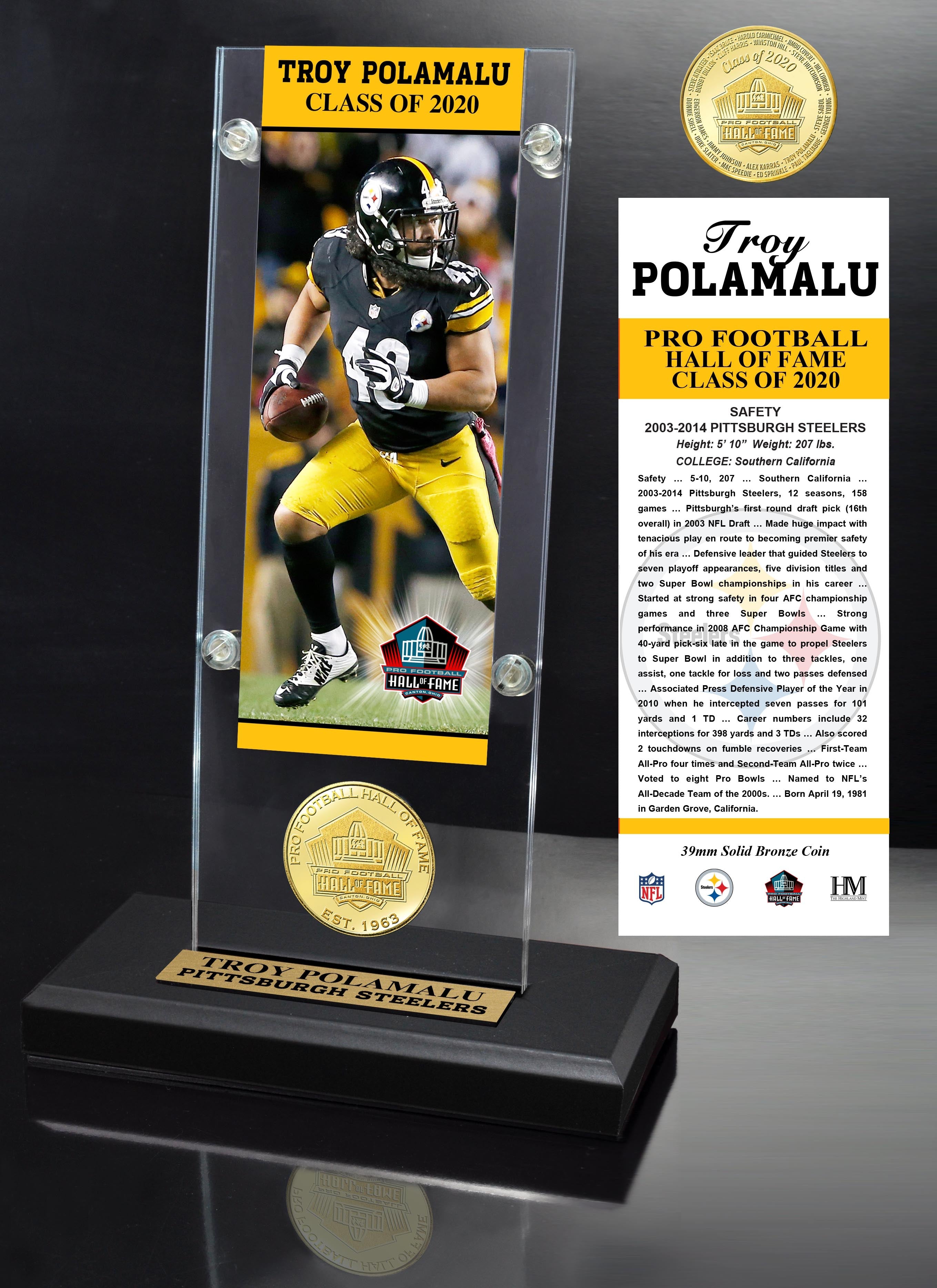 Troy Polamalu 2020 HOF Bronze Coin Ticket Acrylic