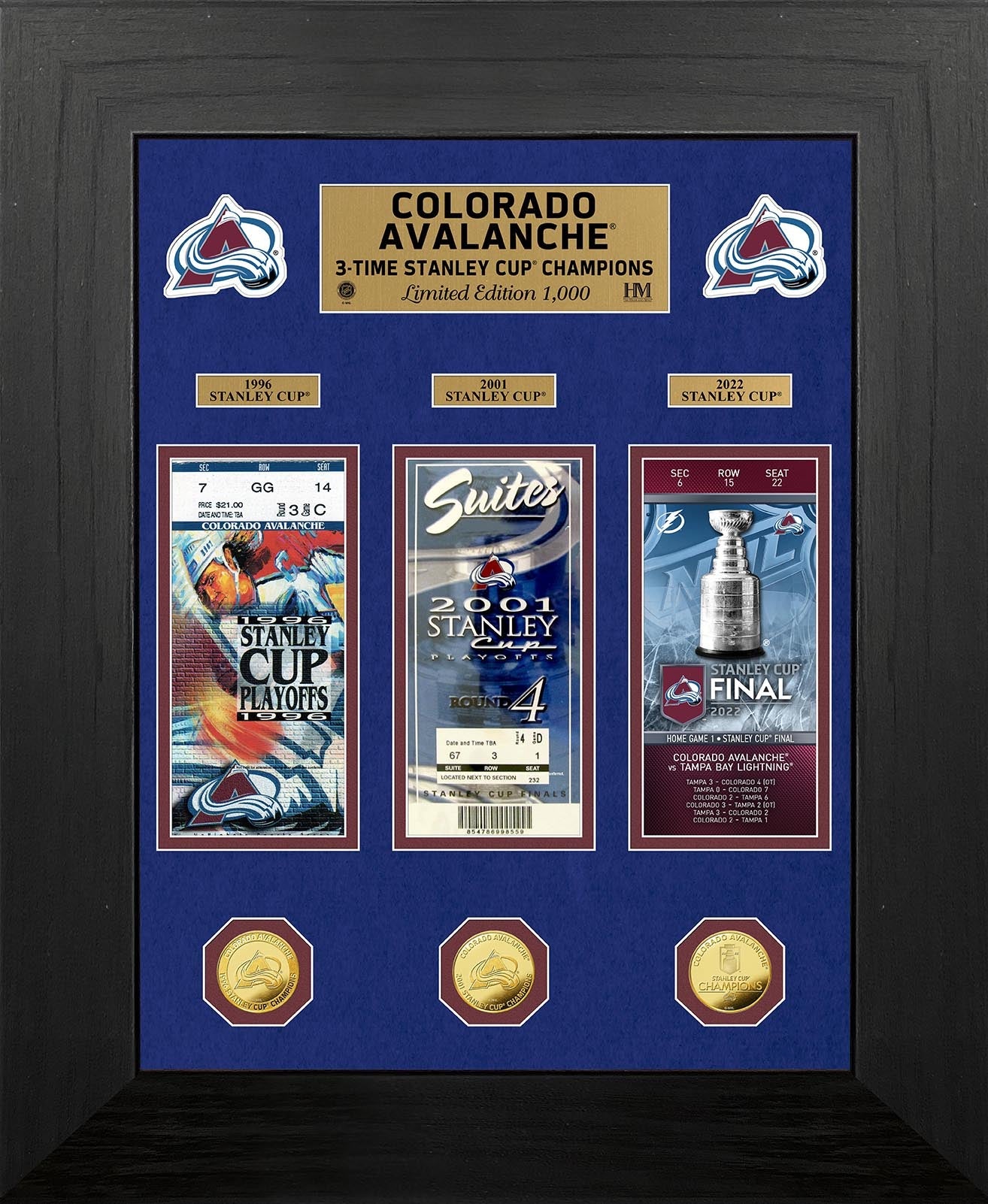 Colorado Avalanche 3x Stanley Cup Champions Deluxe Gold Coin & Ticket Collection