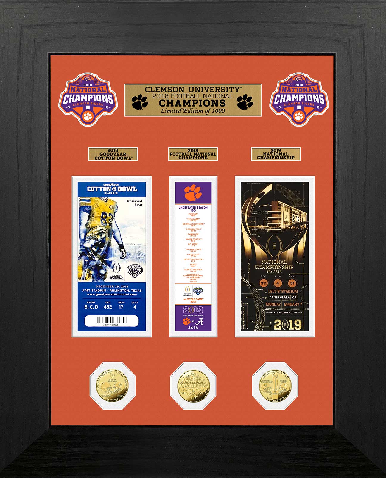 Clemson Tigers 2018 Football National Champions Deluxe Gold Coin Ticket Collection