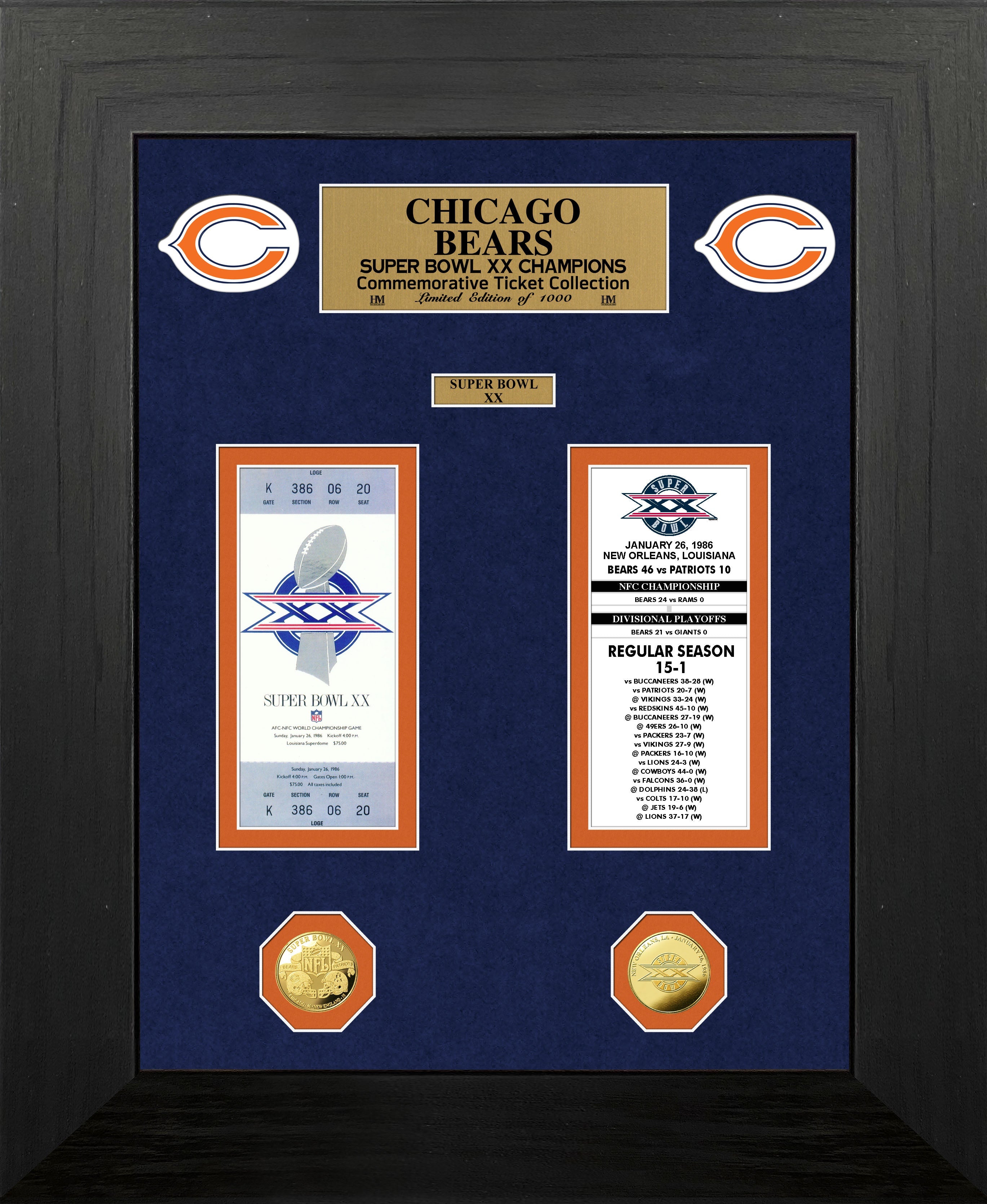 Chicago Bears Super Bowl Ticket and Game Coin Collection Framed