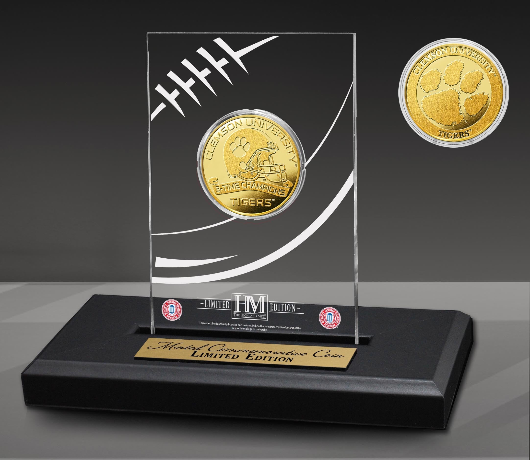 Clemson University Tigers 3-Time National Champions Gold Coin in AcrylicÃƒâ€šÃ‚Â Display
