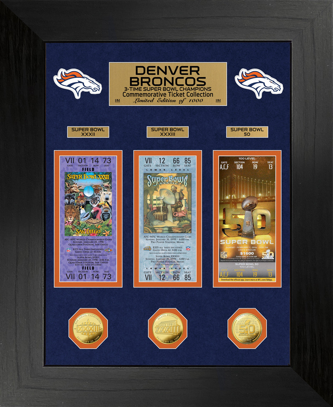 Denver Broncos 3-Time Super Bowl Champions Deluxe Gold Coin & Ticket Collection