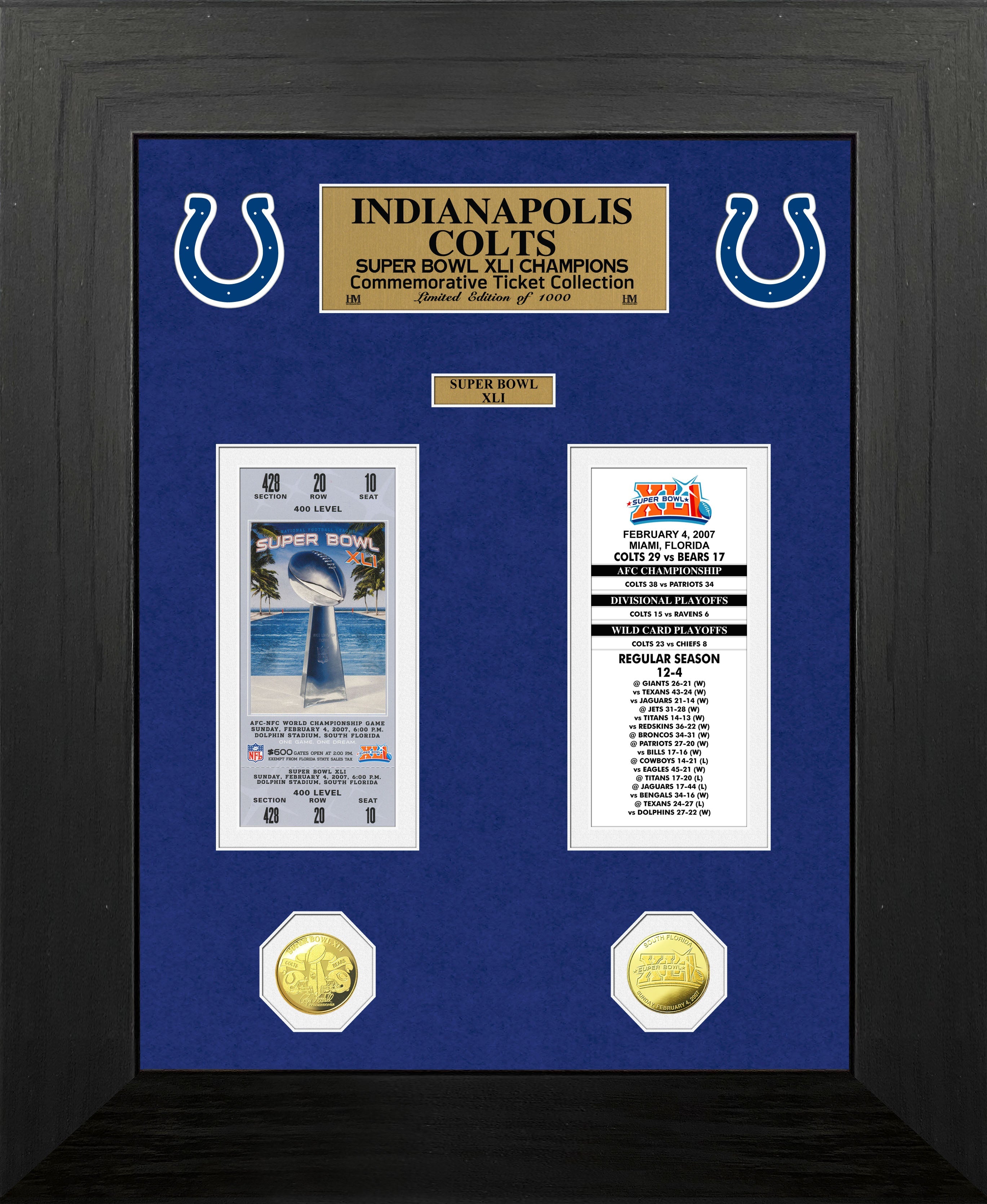 Indianapolis Colts Super Bowl Ticket and Game Coin Collection Framed