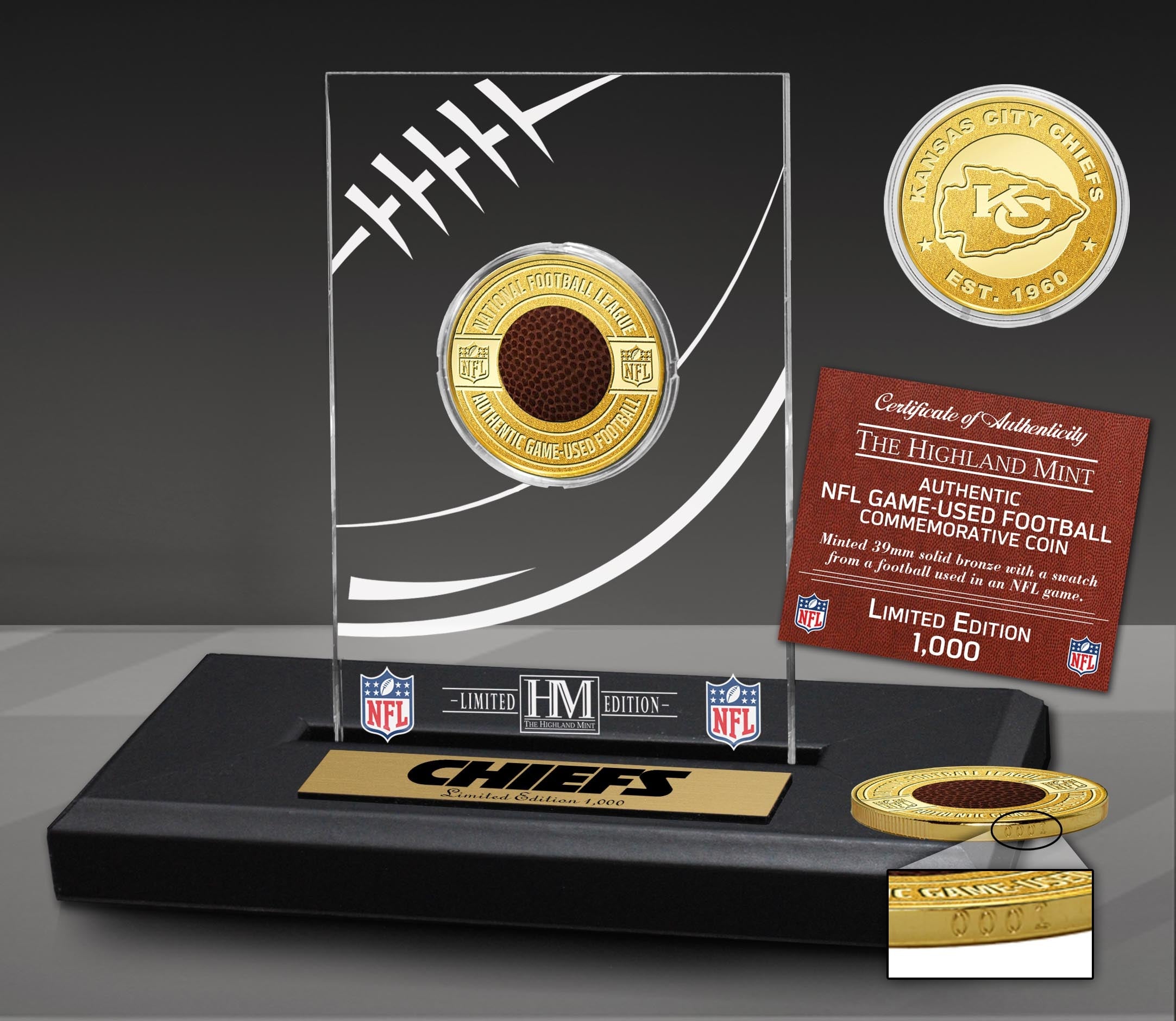 Kansas City Chiefs Game Used NFL Football Bronze Coin in Commemorative Display