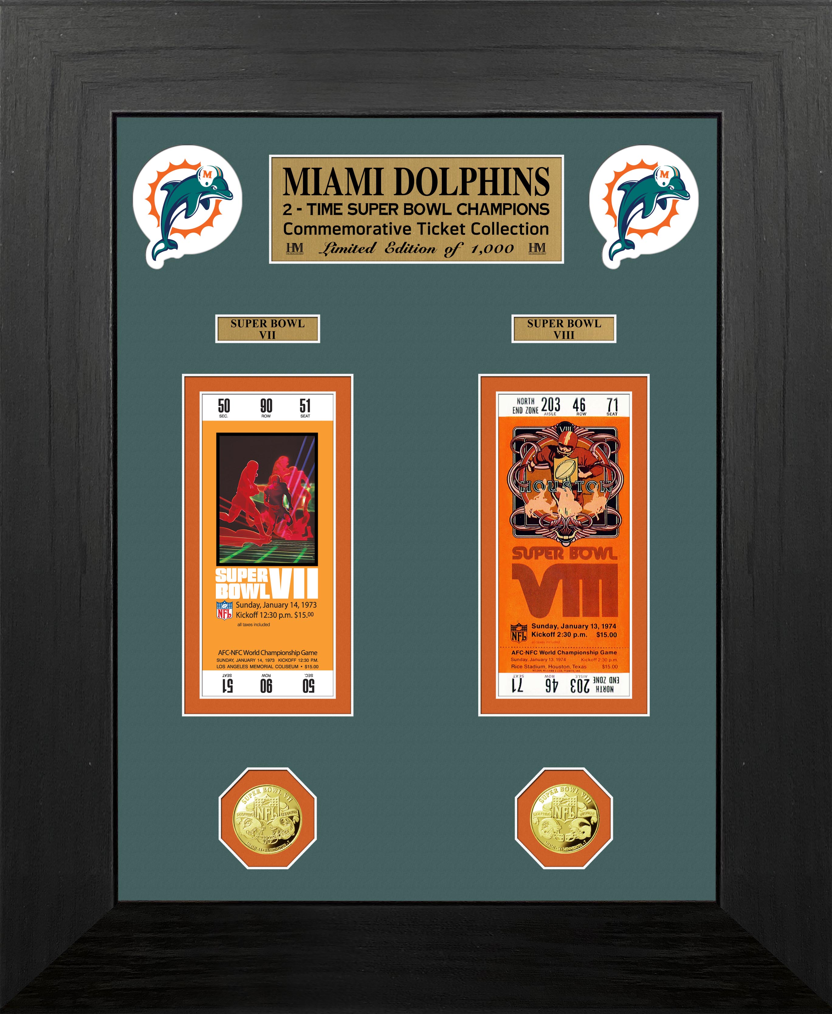 Miami Dolphins Super Bowl Ticket and Game Coin Collection Framed