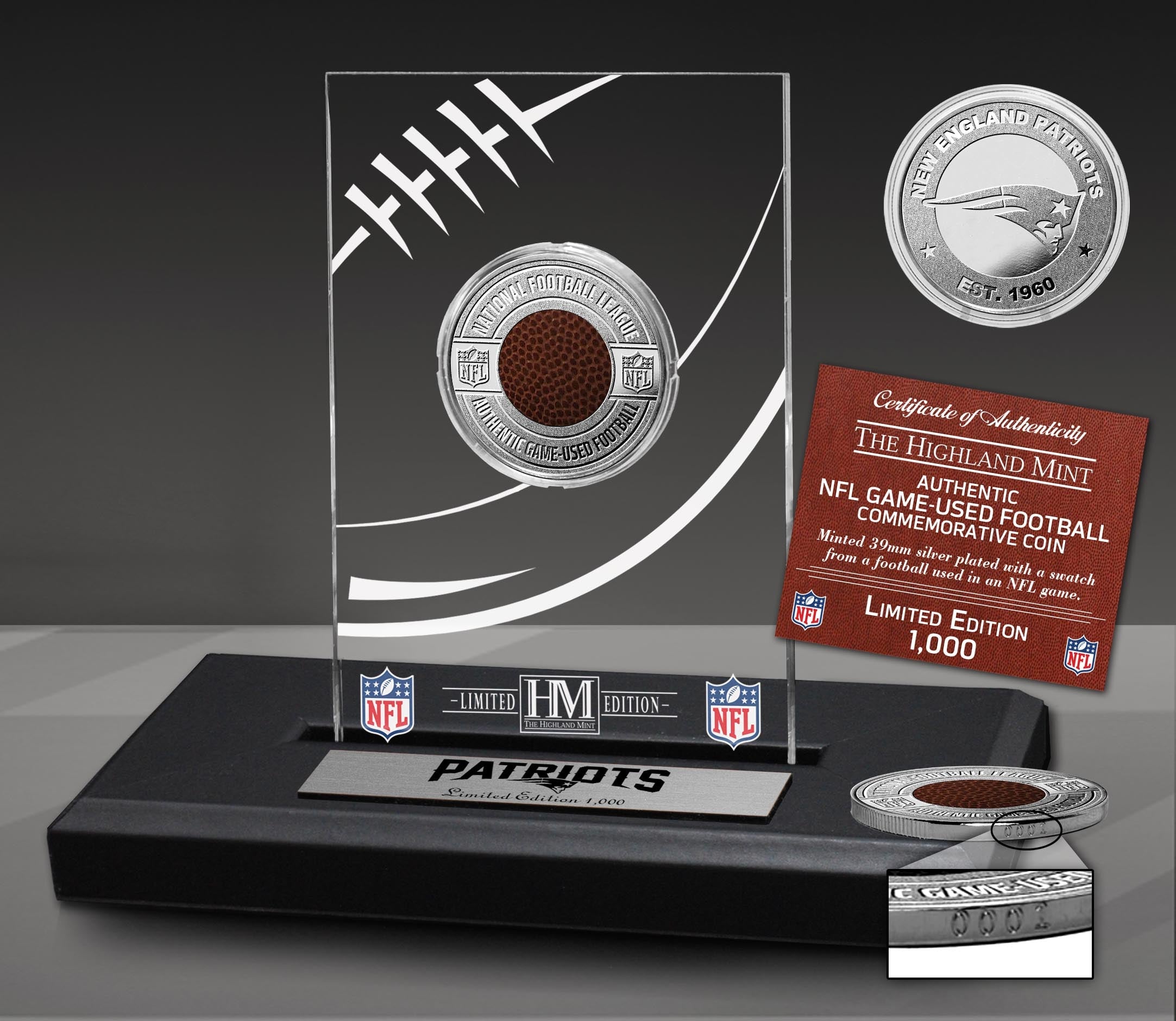 New England Patriots Game Used NFL Football Silver Plated Coin in Commemorative Display