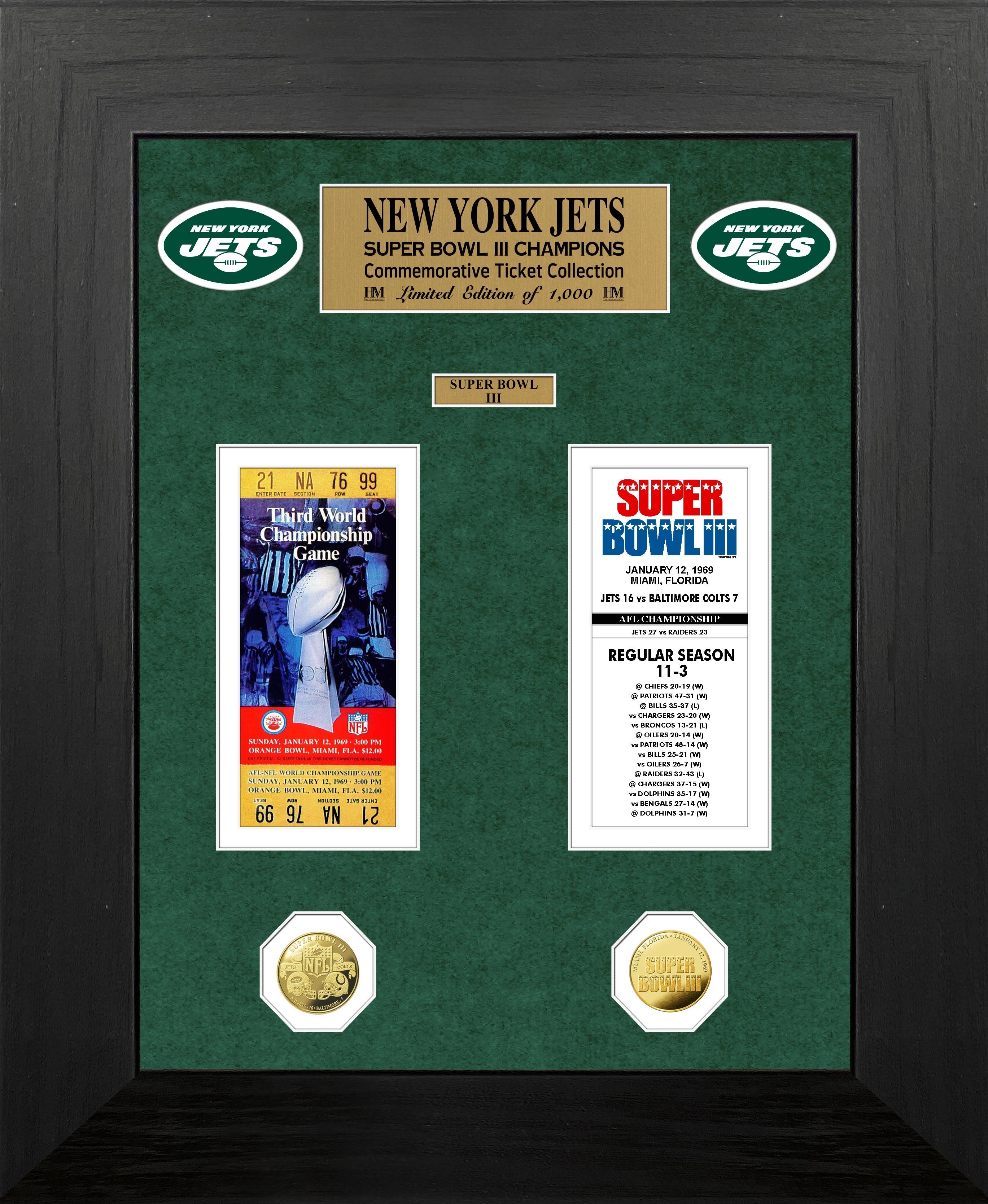 New York Jets Super Bowl Ticket and Game Coin Collection Framed