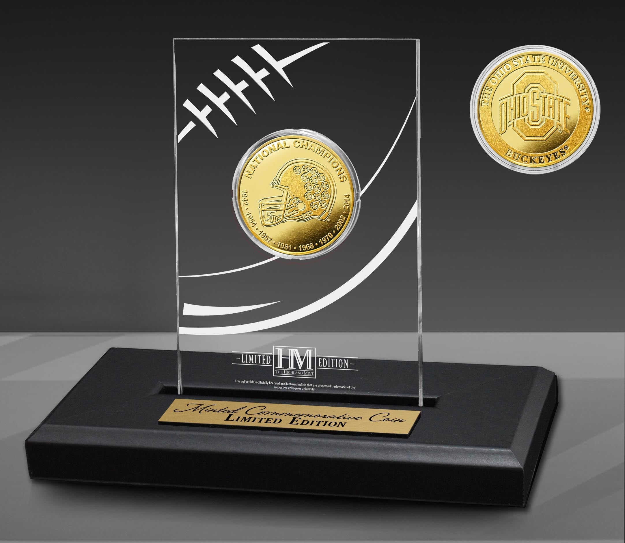 Ohio State University Buckeyes 8-Time National Champions Gold Coin in Acrylic Display