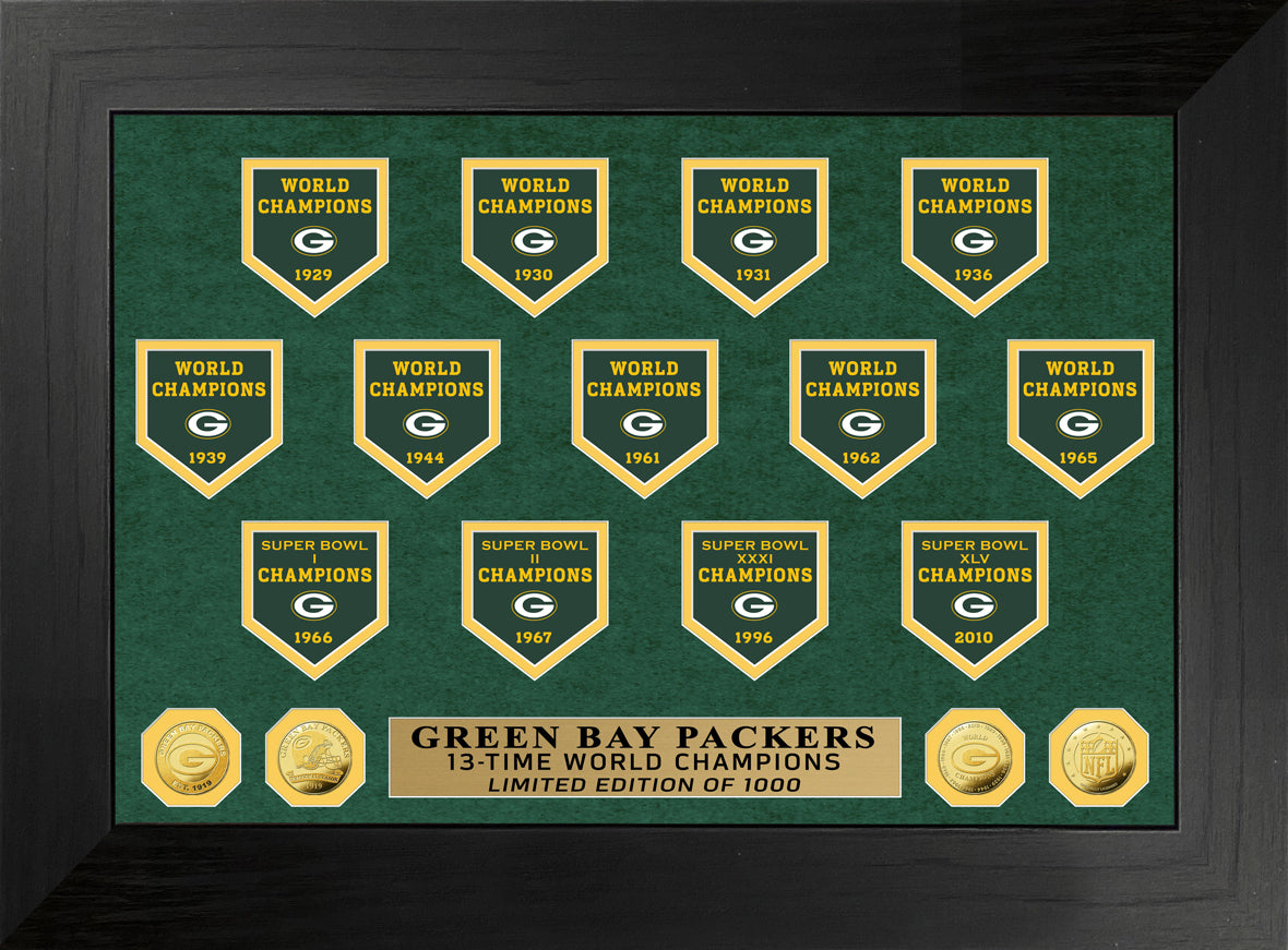 Green Bay Packers 13-Time World Champions Deluxe Banner Gold Coin Phot