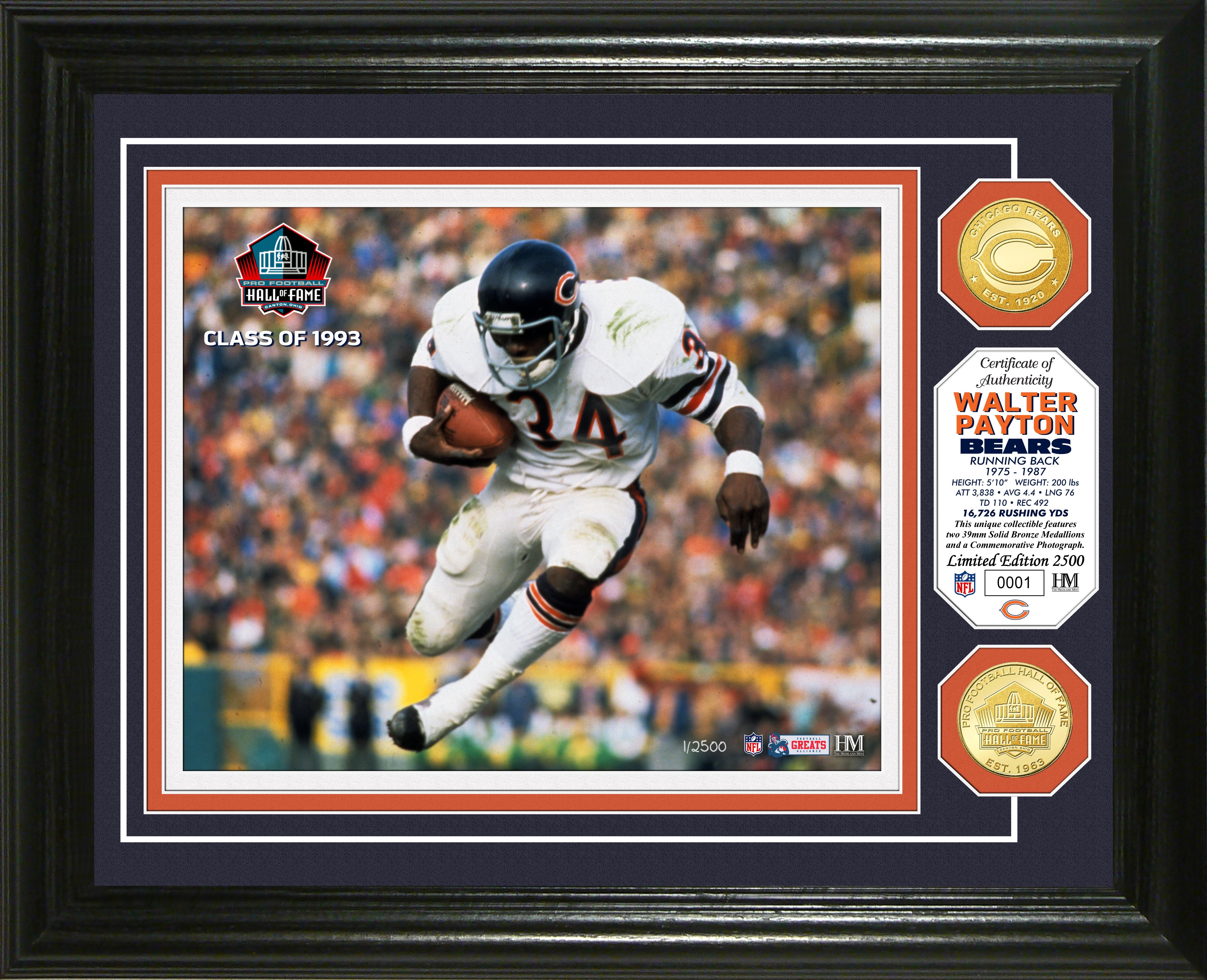 Walter Payton Pro Football Hall of Fame Bronze Coin Photo Mint