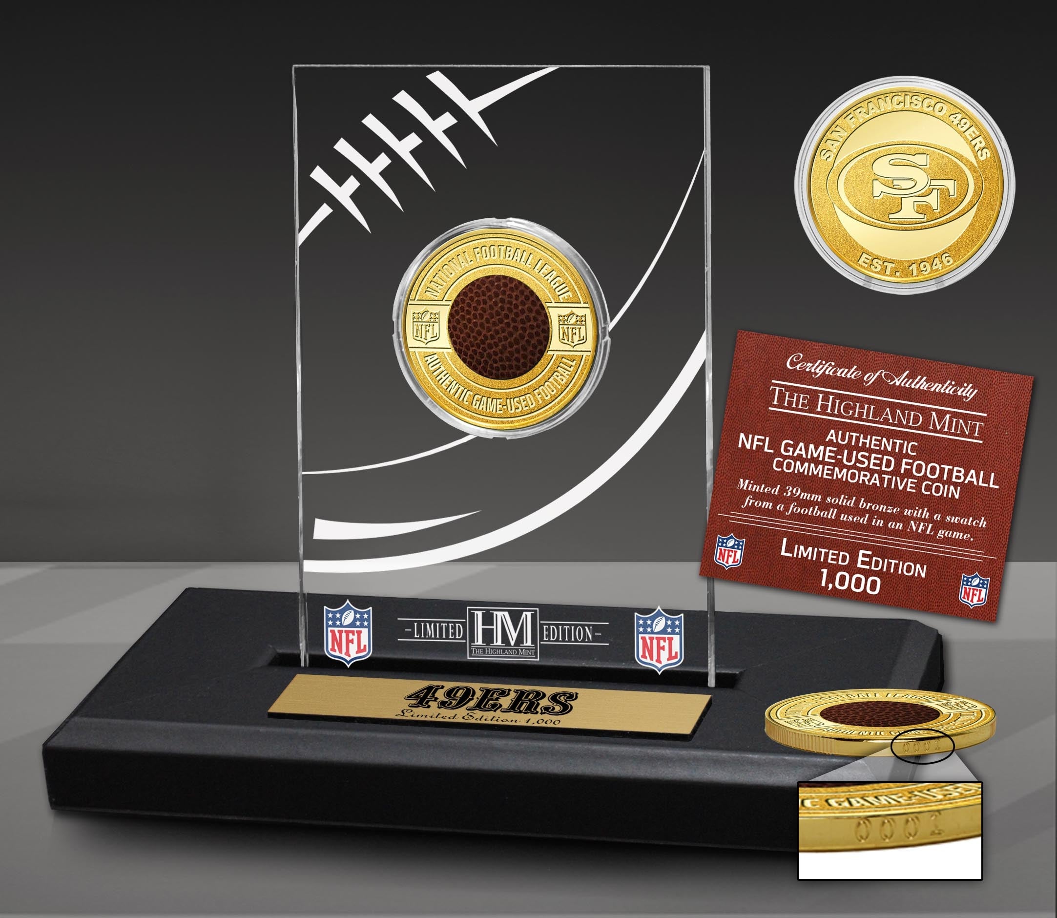 San Francisco 49ers Game Used NFL Football Bronze Coin in Commemorative Display