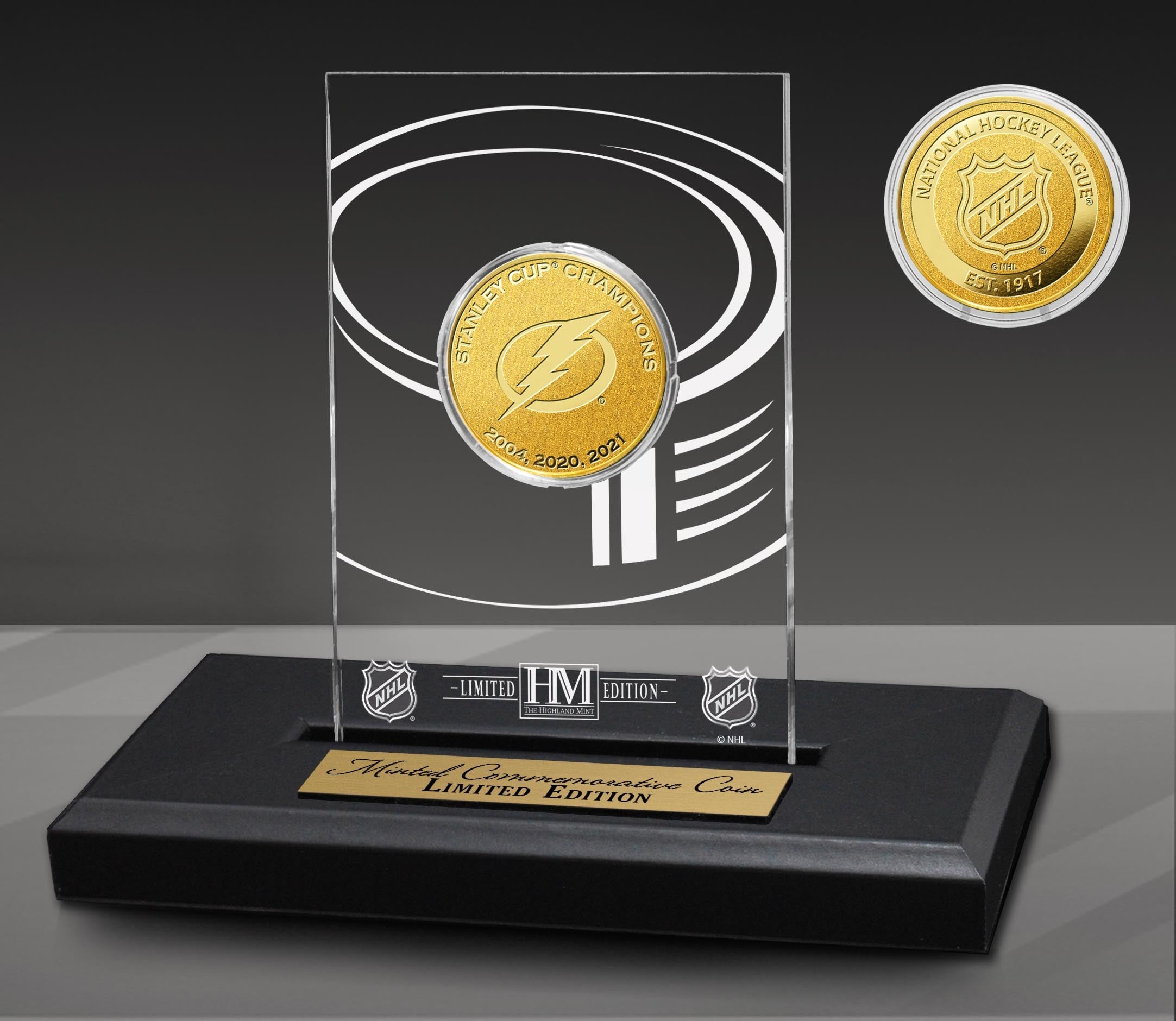 Tampa Bay Lightning 3-Time Stanley Cup Champions Gold Coin in Acrylic Display