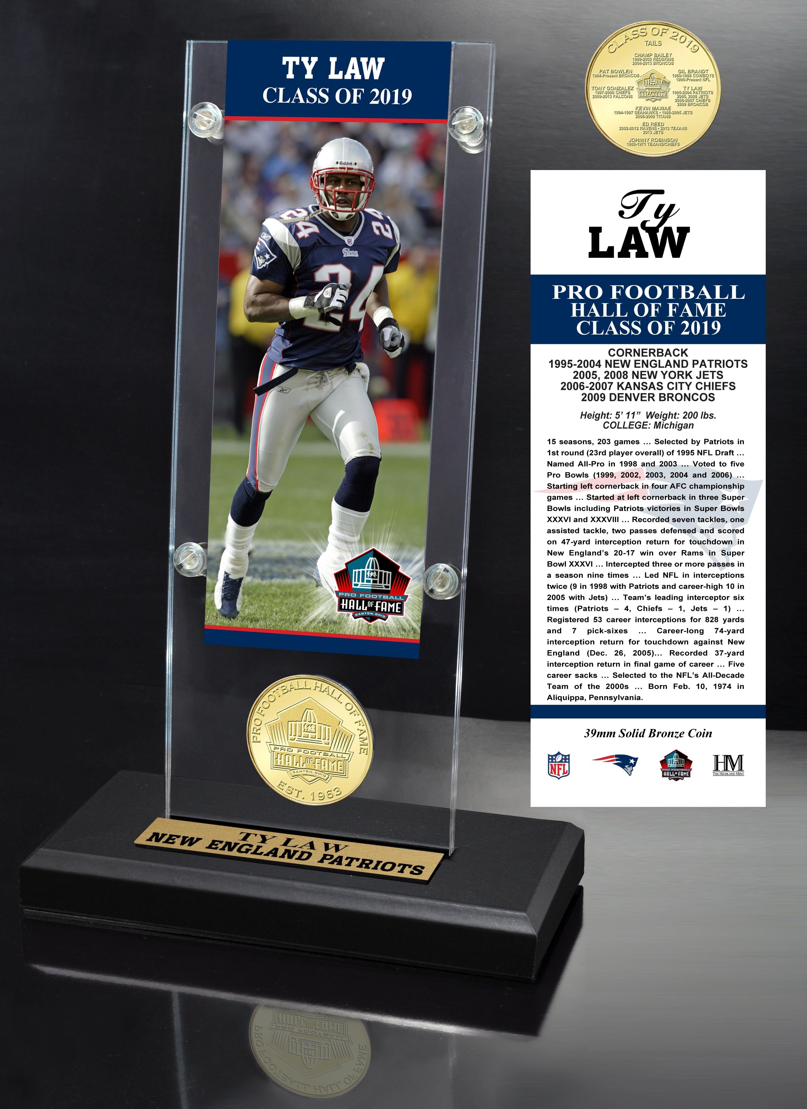 Ty Law Hall of Fame 2019 Bronze Coin Acrylic Desk Top