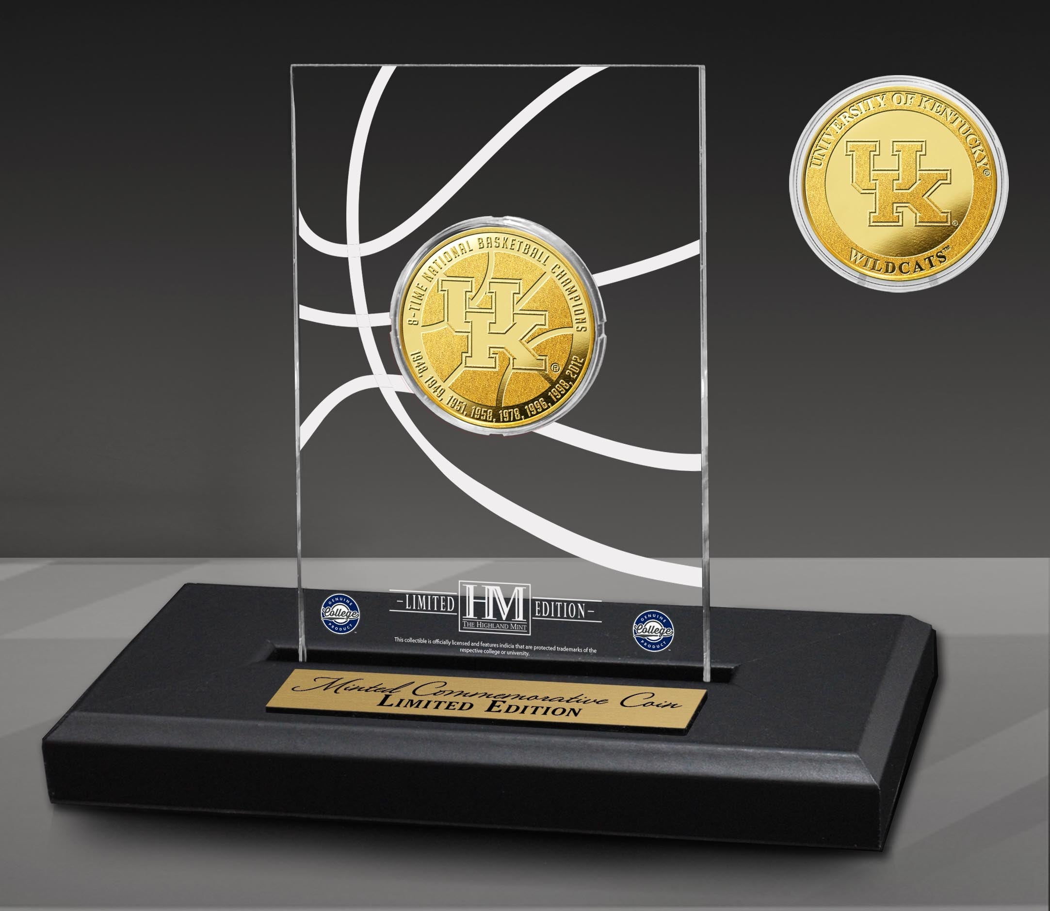 University of Kentucky Wildcats Basketball 8-Time National Champions Gold Coin in Acrylic Display