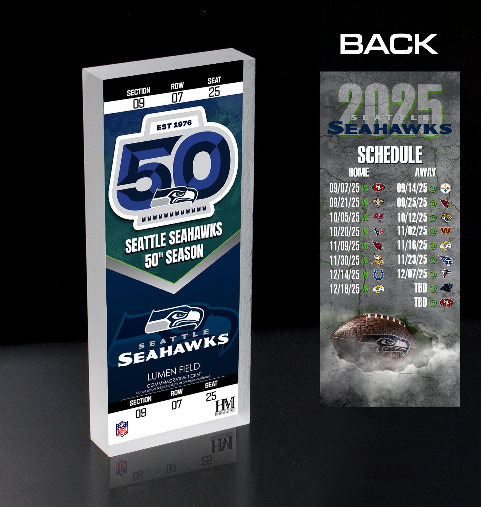 Seattle Seahawks 50th Season 2025 Schedule 3D Ticket BlocKart
