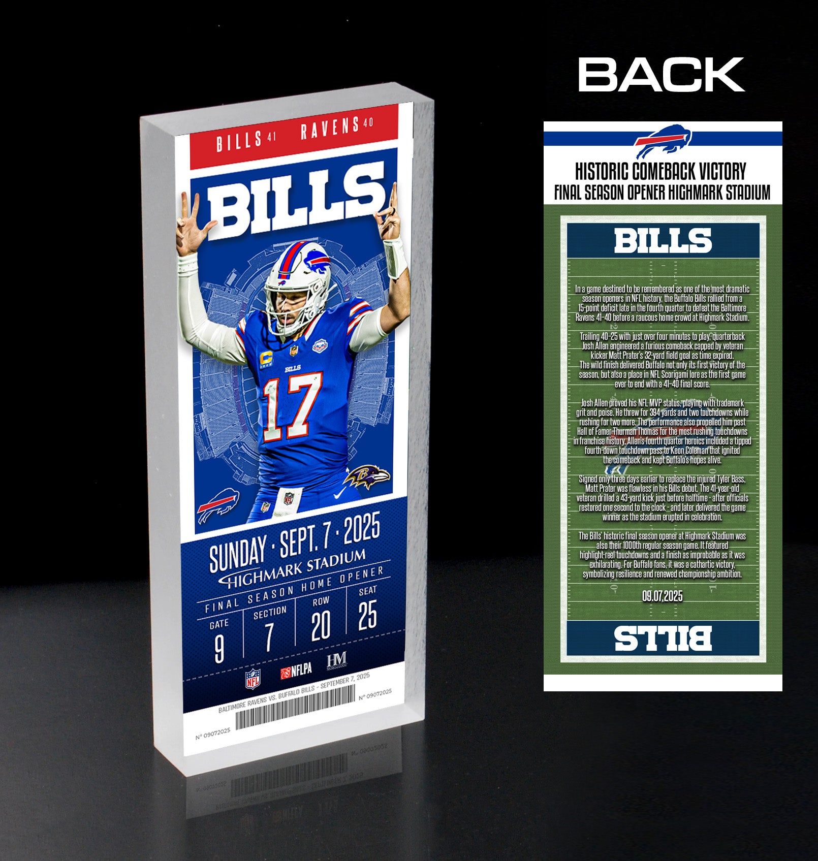 Buffalo Bills 2025 Week 1 Commemorative Acrylic Ticket Block