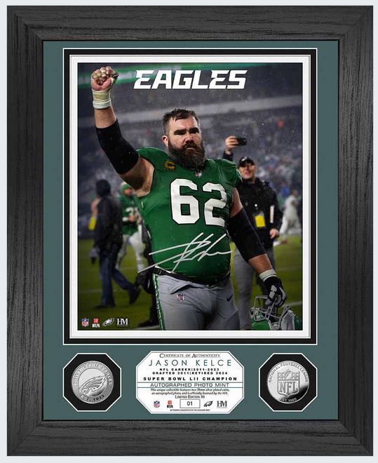 Jason Kelce Autographed 8x10 Eagles Final Season/Retirement Silver Coin Photo Mint - Framed