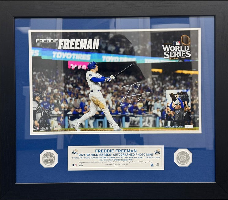 Freddie Freeman Autographed 2024 World Series Champs 11x14 Walk Off Grand Slam & WS MVP Silver Coin Photo Mint - Framed