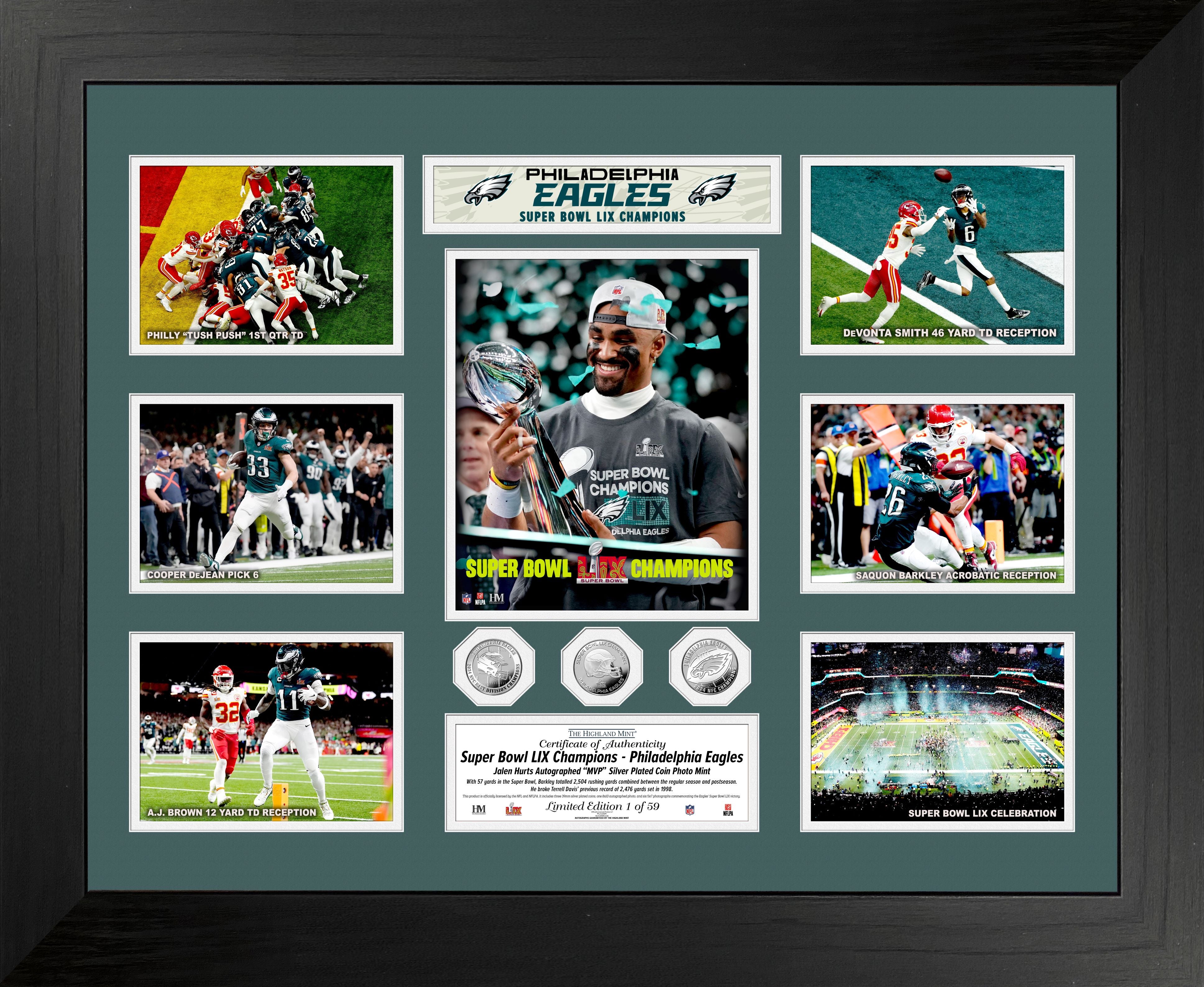 Philadelphia Eagles Super Bowl LIX Champions 3 Silver Coin Mega Photo Mint - Framed