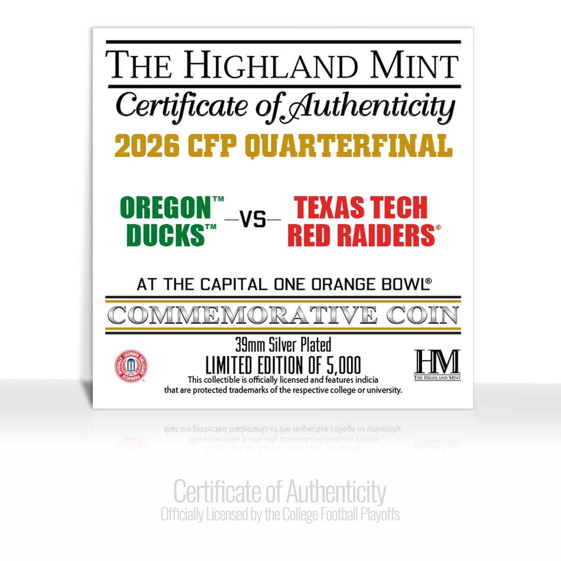 Oregon vs Texas Tech 2025-26 Orange Bowl Silver Plated Coin - Commemorative Coins Coins Made in USA 2026