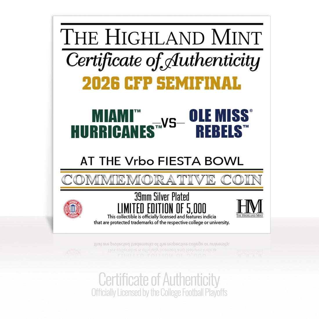 Ole Miss vs. University of Miami 2025-26 CFP Fiesta Bowl Silver Plated Game Coin - Commemorative Coins Coins Made