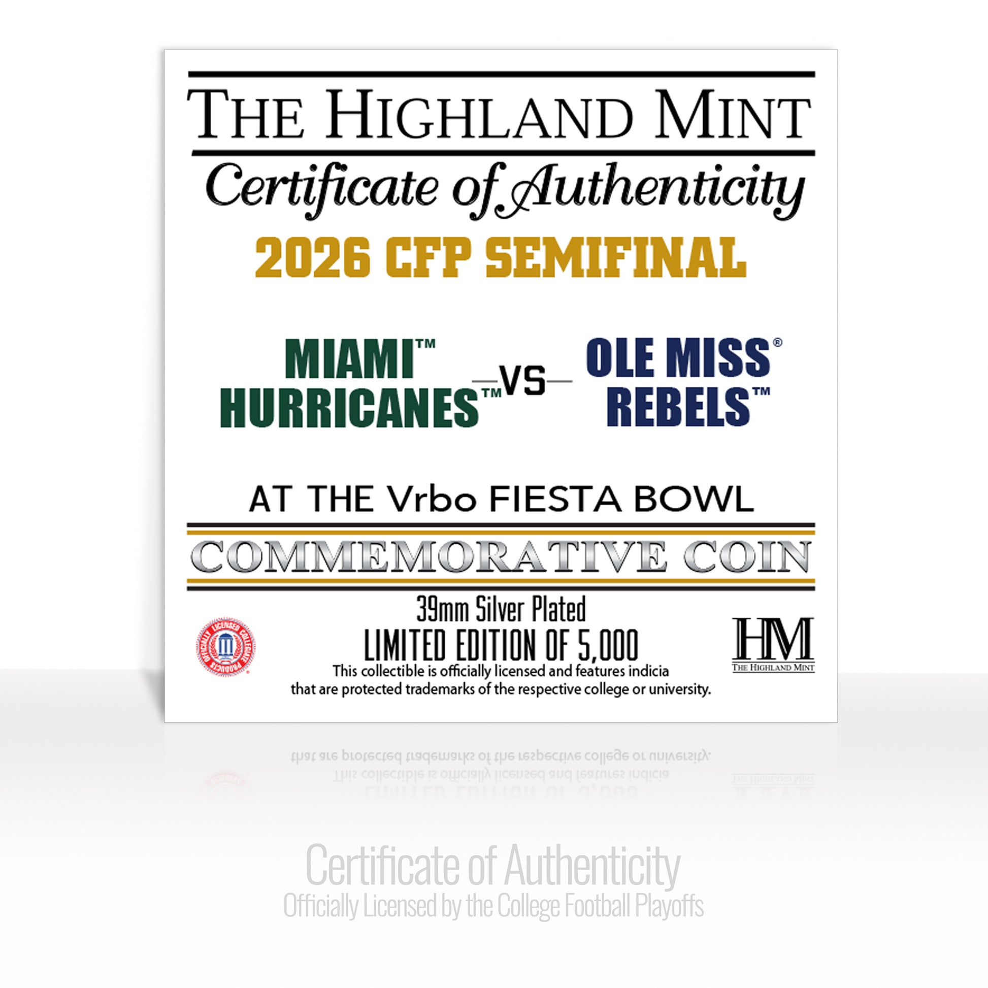 Ole Miss vs. University of Miami 2025-26 CFP Fiesta Bowl Silver Plated Game Coin - Commemorative Coins Coins Made