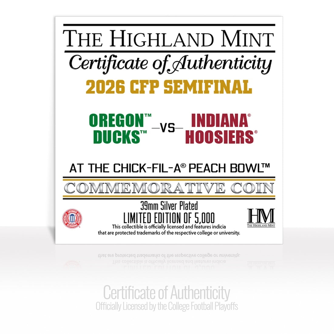 University of Oregon vs. Indiana University 2025-26 CFP Peach Bowl Silver Plated Game Coin - Commemorative Coins Coins