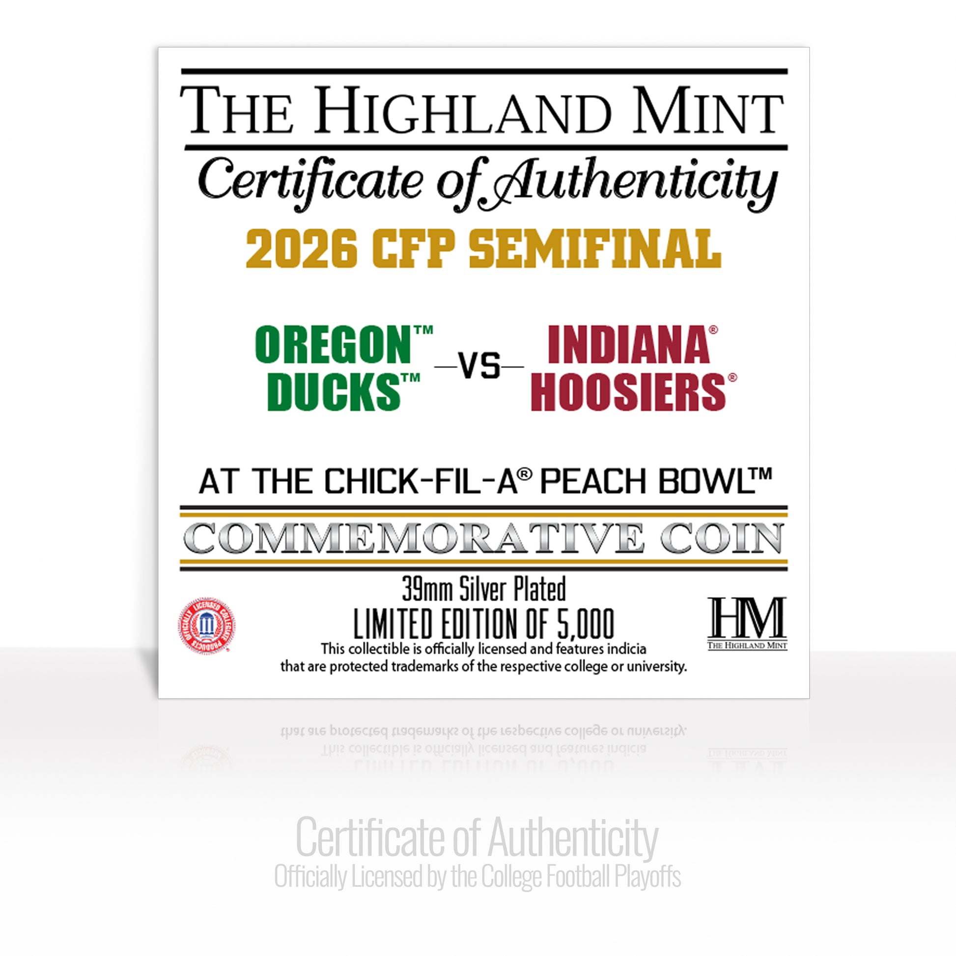 University of Oregon vs. Indiana University 2025-26 CFP Peach Bowl Silver Plated Game Coin - Commemorative Coins Coins