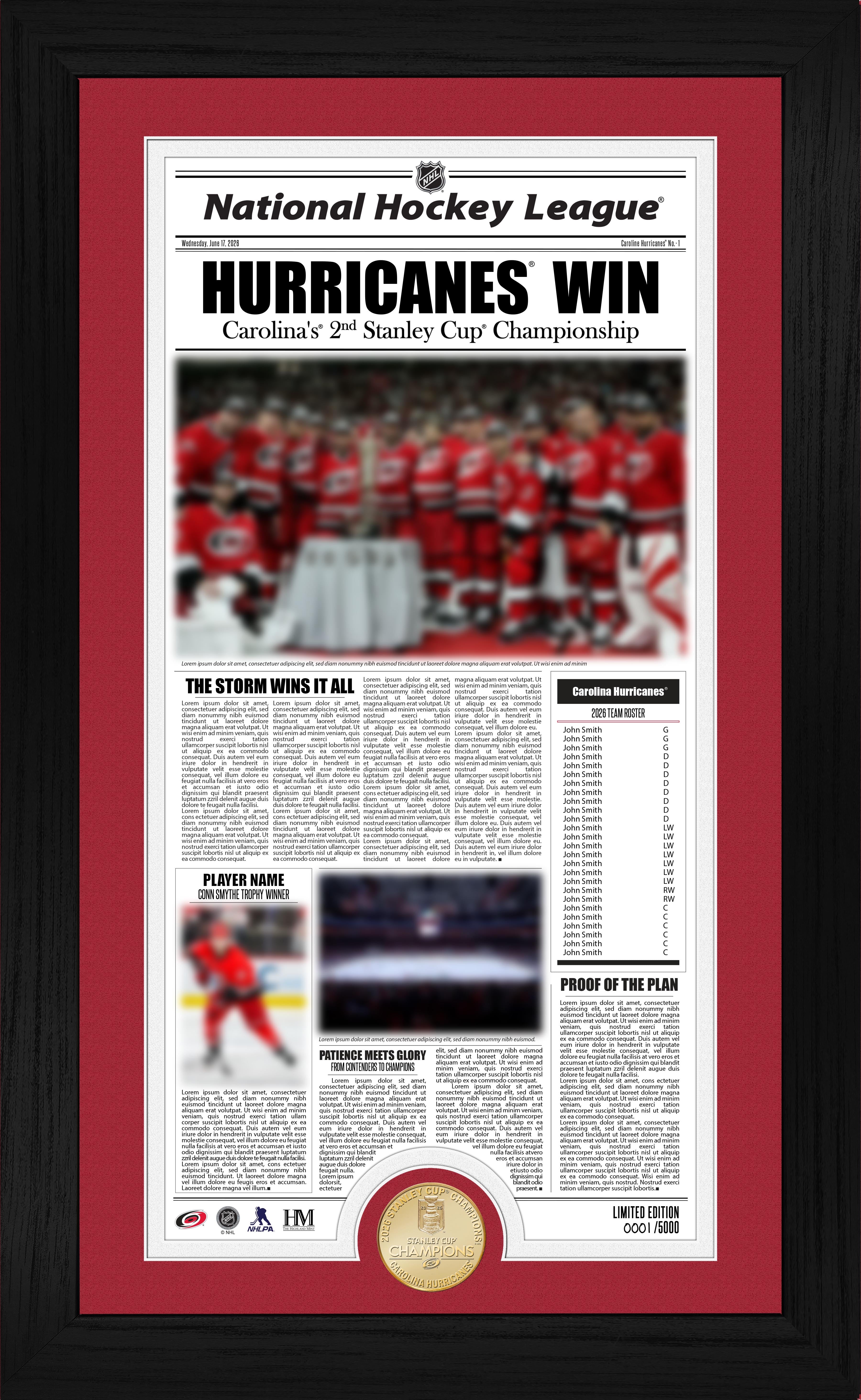 Carolina Hurricanes 2026 Stanley Cup Champions Front Page News Bronze Coin Photo Mint