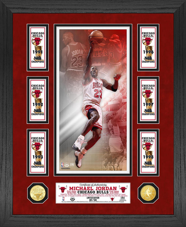 Michael Jordan 6x Champions Banner Bronze Marquee Photo Mint - Framed