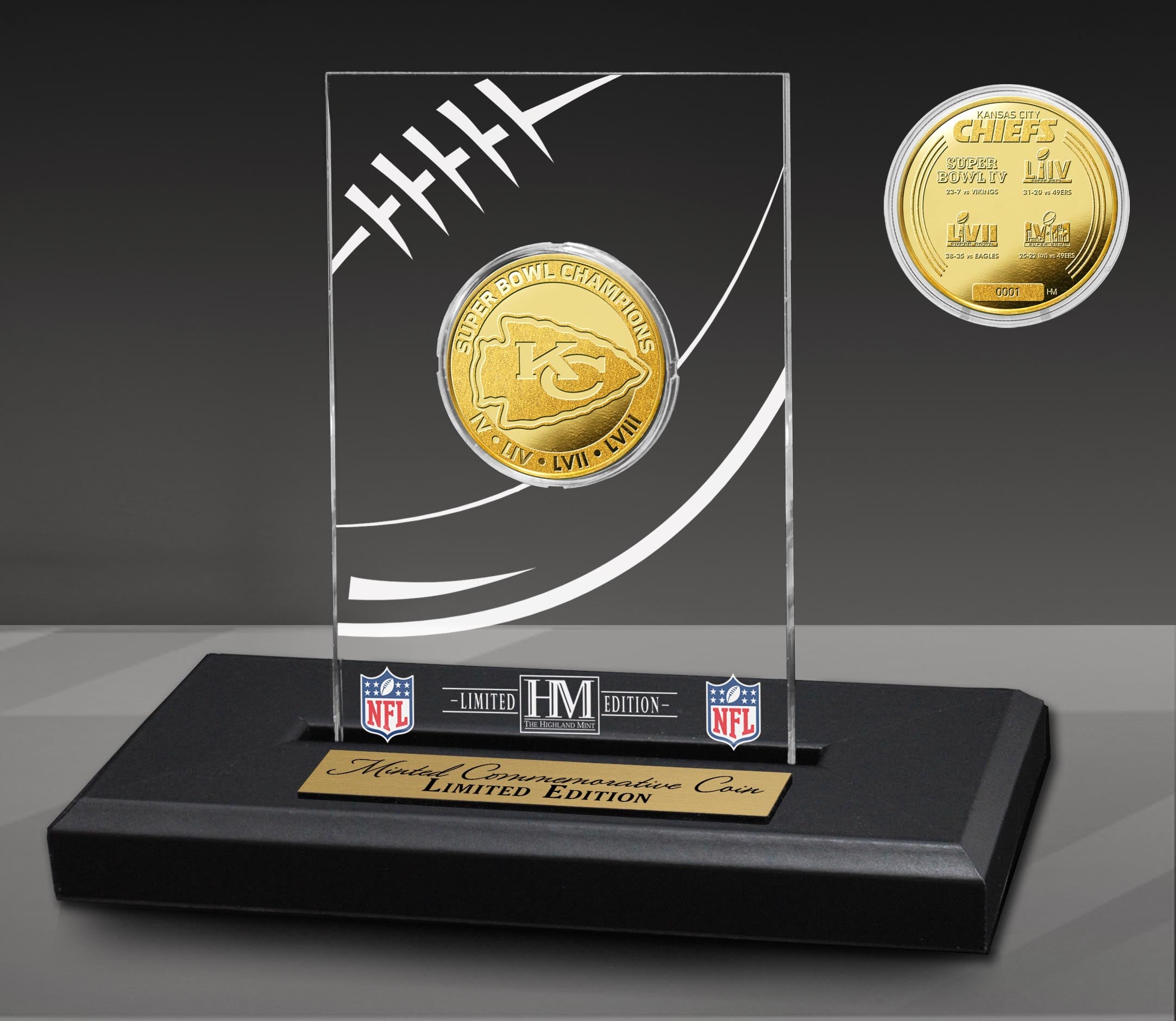 Kansas City Chiefs 4 Time Super Bowl Champion Gold Coin in Acrylic Display
