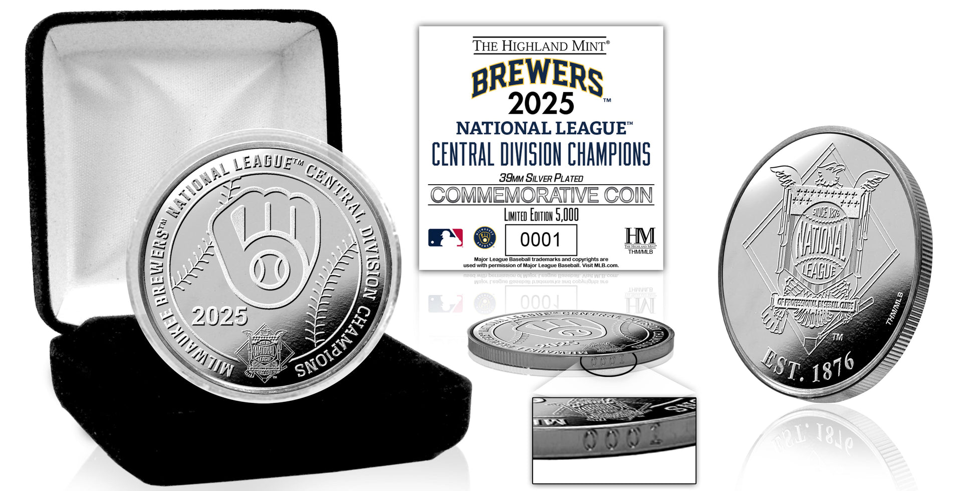 Celebrate the Milwaukee Brewers’ 2025 National League Central Division Championship with this limited-edition silver-plated coin. Measuring 39mm in diameter, the obverse displays the official Brewers 2025 Central Division Champions design, while the reverse features the National League logo in striking detail. Only 5,000 coins have been minted, each individually edge-numbered to mark its place in the collection. Every coin comes secured in a protective capsule, housed in an elegant black suede jewelry box, 