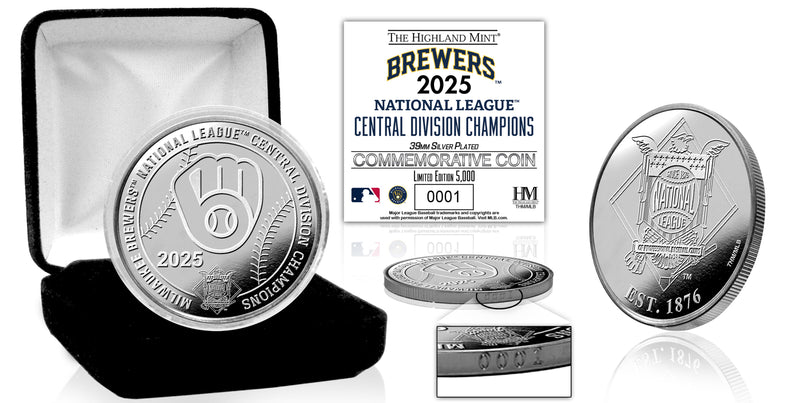 Celebrate the Milwaukee Brewers’ 2025 National League Central Division Championship with this limited-edition silver-plated coin. Measuring 39mm in diameter, the obverse displays the official Brewers 2025 Central Division Champions design, while the reverse features the National League logo in striking detail. Only 5,000 coins have been minted, each individually edge-numbered to mark its place in the collection. Every coin comes secured in a protective capsule, housed in an elegant black suede jewelry box, 