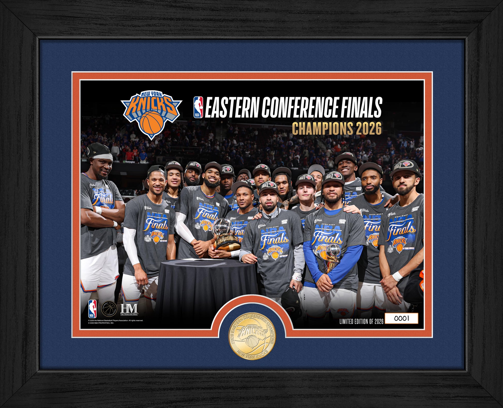 Framed photo of a basketball team celebrating Eastern Conference Finals Champions 2026 with a gold coin at the bottom.