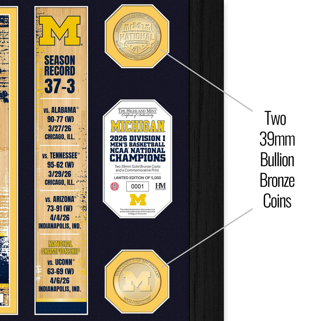 Michigan Wolverines 2026 NCAA Men’s Basketball Champions Team Force Bronze Coin Photo Mint